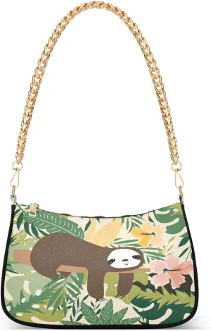 Cute Lazy Sleep Sloth Bear Animal Shoulder Handbags for Women Travel Hobo Tote Handbag Women Gold Chain Shoulder Bags Purse with Zipper Closure