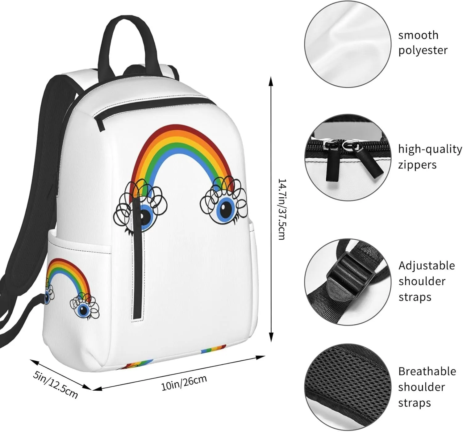 Cute Rainbow Eyes Casual Backpacks Large Capacity Laptop Backpack Sports Rucksack Travel Daypack Adjustable Shoulder Strap Work Bag for Outdoor Camping