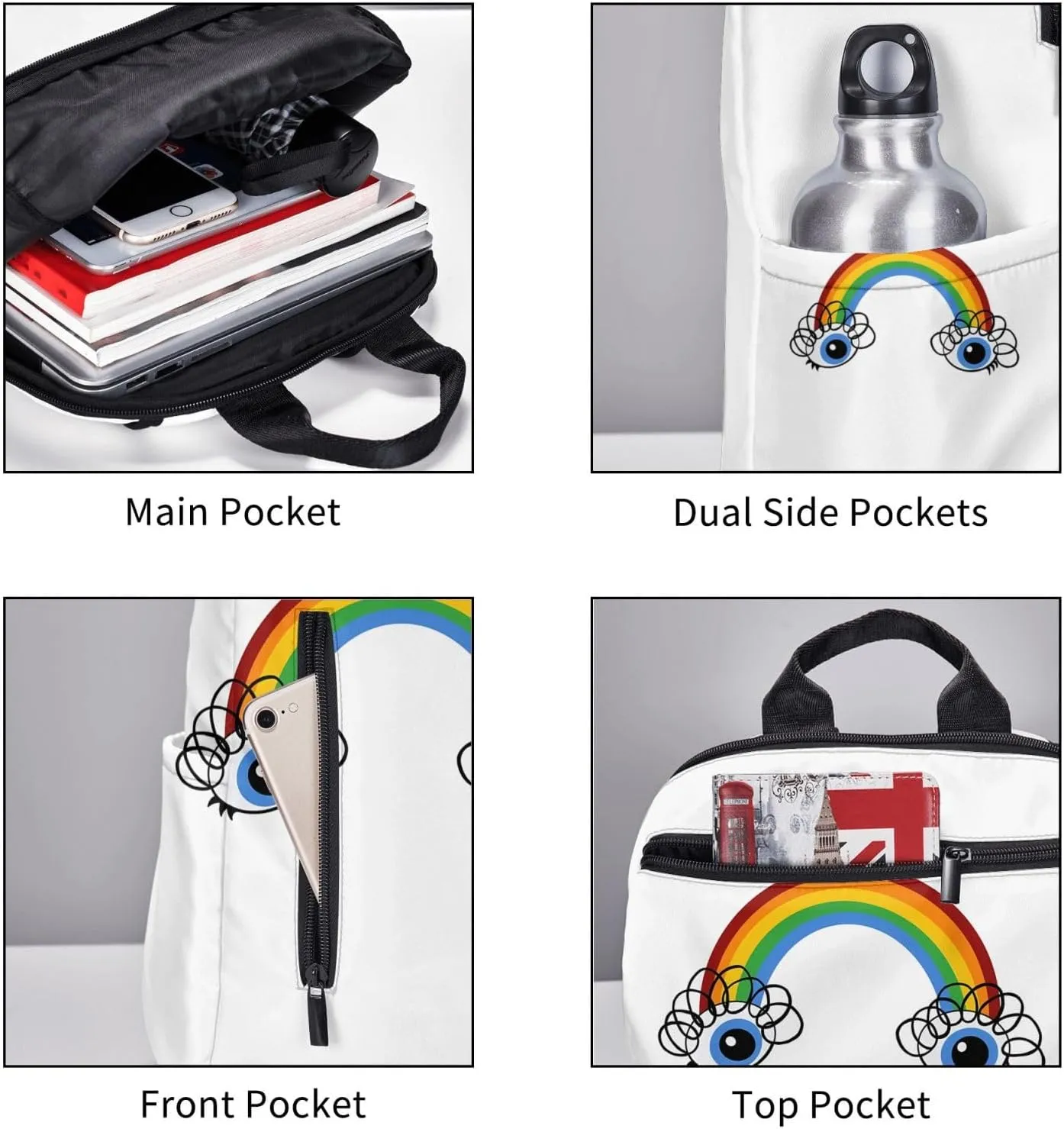 Cute Rainbow Eyes Casual Backpacks Large Capacity Laptop Backpack Sports Rucksack Travel Daypack Adjustable Shoulder Strap Work Bag for Outdoor Camping