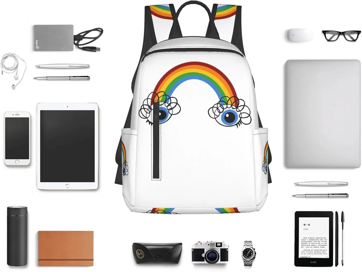 Cute Rainbow Eyes Casual Backpacks Large Capacity Laptop Backpack Sports Rucksack Travel Daypack Adjustable Shoulder Strap Work Bag for Outdoor Camping