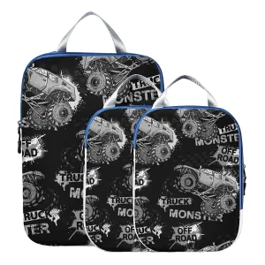 Dark Grey Truck Car, Trace of Tire, Drive and Speed on Black Dark 3 Set Packing Cubes, Waterproof Check Oxford cloth Organizers, Travel Packing Toiletry Storage Bag