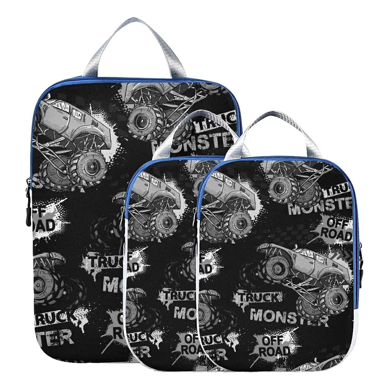 Dark Grey Truck Car, Trace of Tire, Drive and Speed on Black Dark 3 Set Packing Cubes, Waterproof Check Oxford cloth Organizers, Travel Packing Toiletry Storage Bag