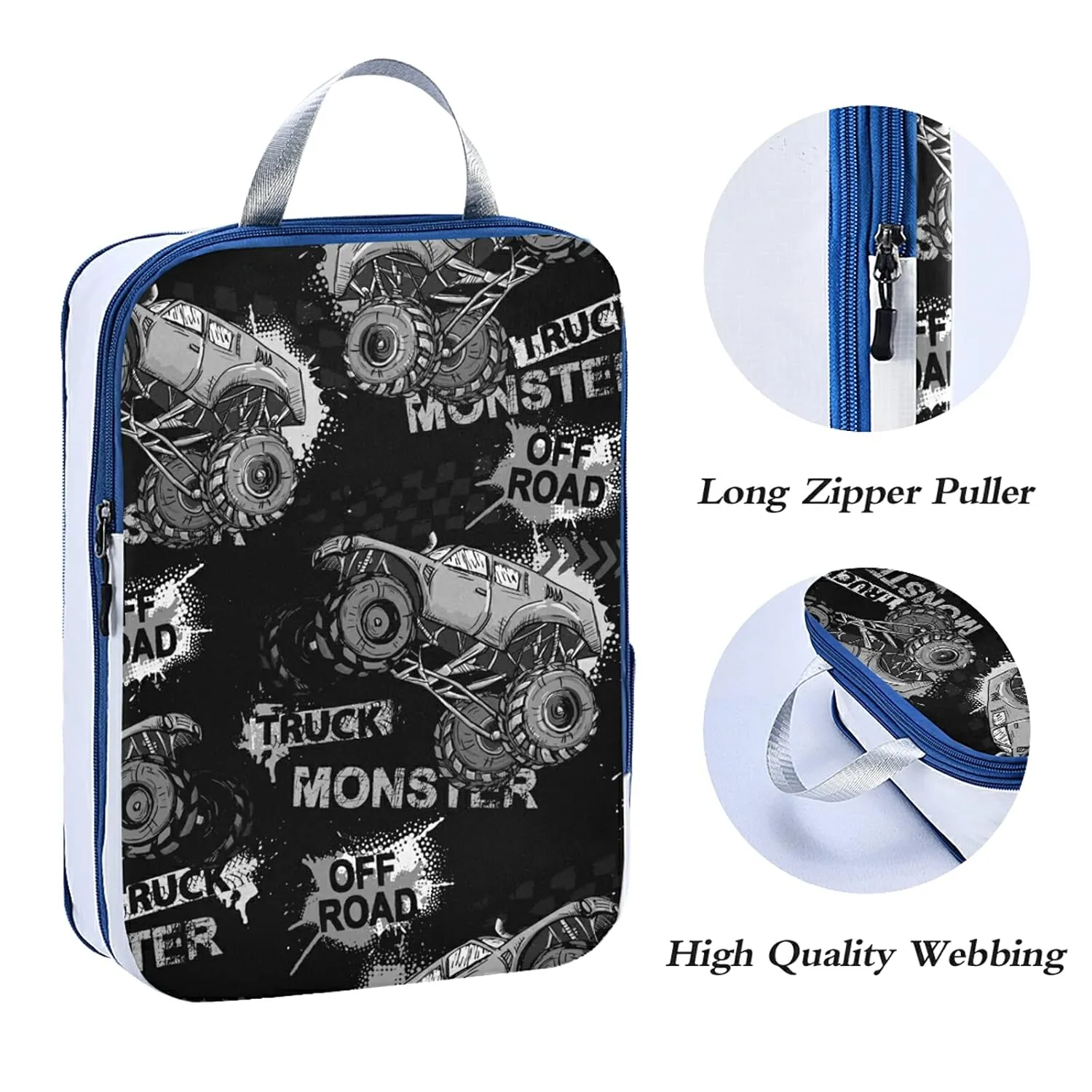 Dark Grey Truck Car, Trace of Tire, Drive and Speed on Black Dark 3 Set Packing Cubes, Waterproof Check Oxford cloth Organizers, Travel Packing Toiletry Storage Bag