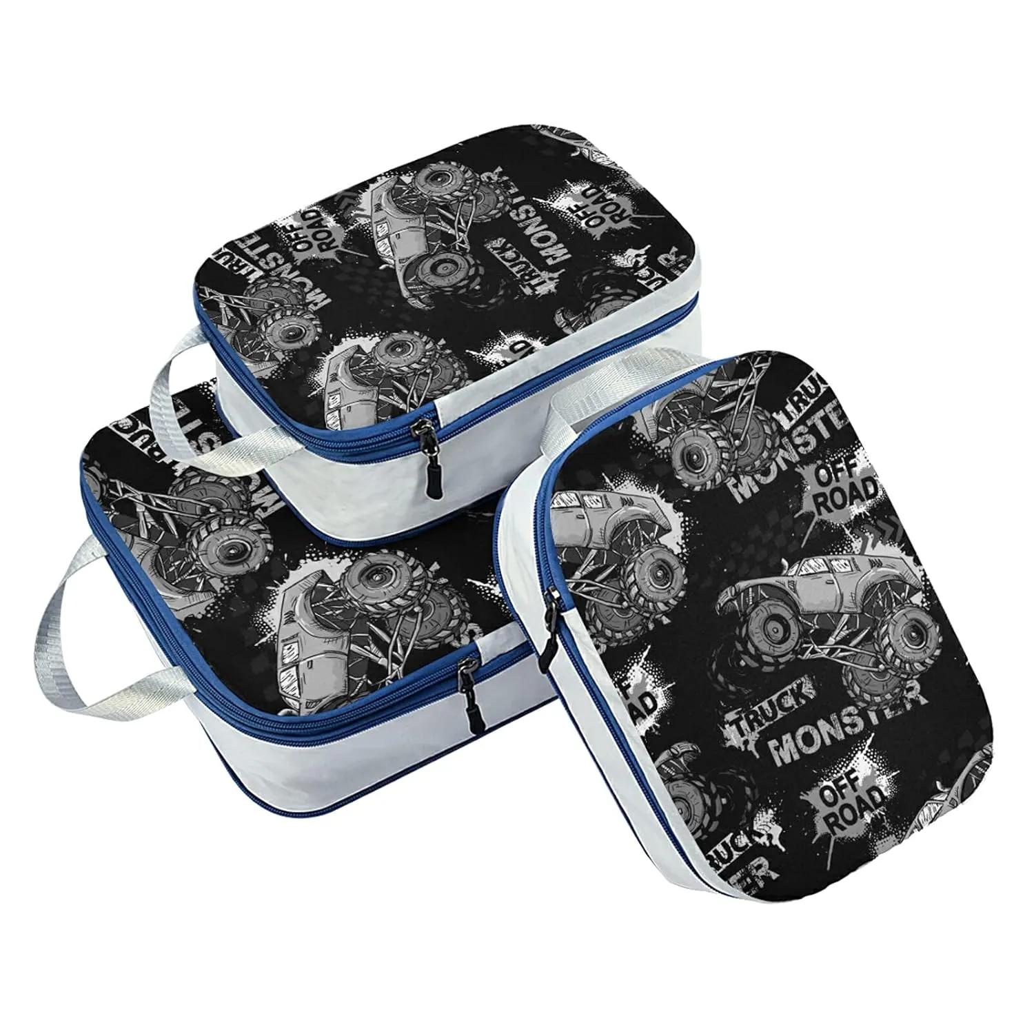 Dark Grey Truck Car, Trace of Tire, Drive and Speed on Black Dark 3 Set Packing Cubes, Waterproof Check Oxford cloth Organizers, Travel Packing Toiletry Storage Bag