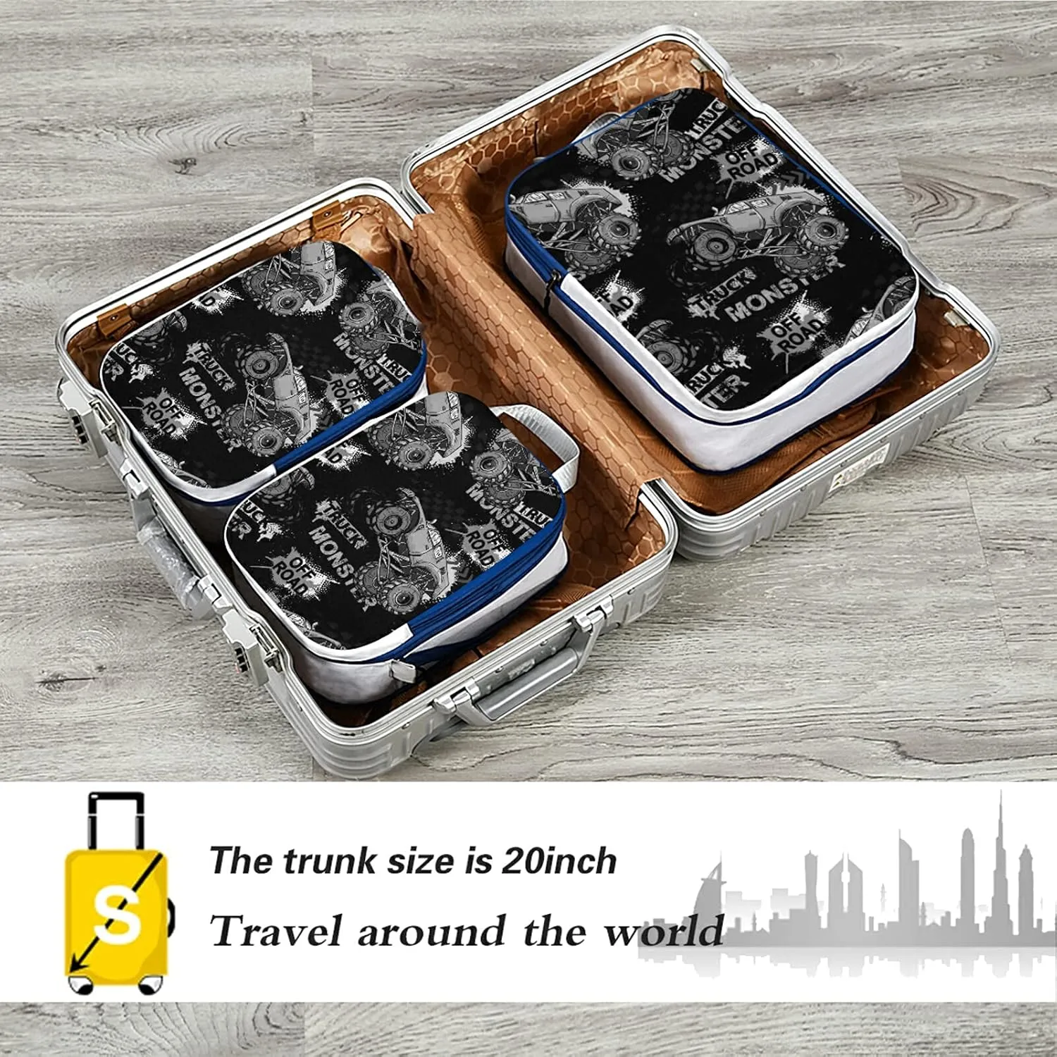 Dark Grey Truck Car, Trace of Tire, Drive and Speed on Black Dark 3 Set Packing Cubes, Waterproof Check Oxford cloth Organizers, Travel Packing Toiletry Storage Bag