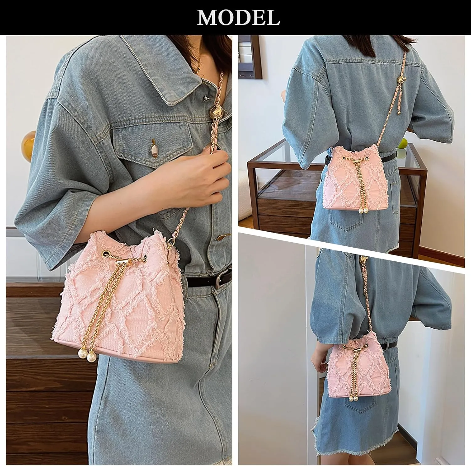 Denim Bucket Bag, Jean Purses for Women Denim Crossbody Bags Hobo Bag Drawstring Handbag
