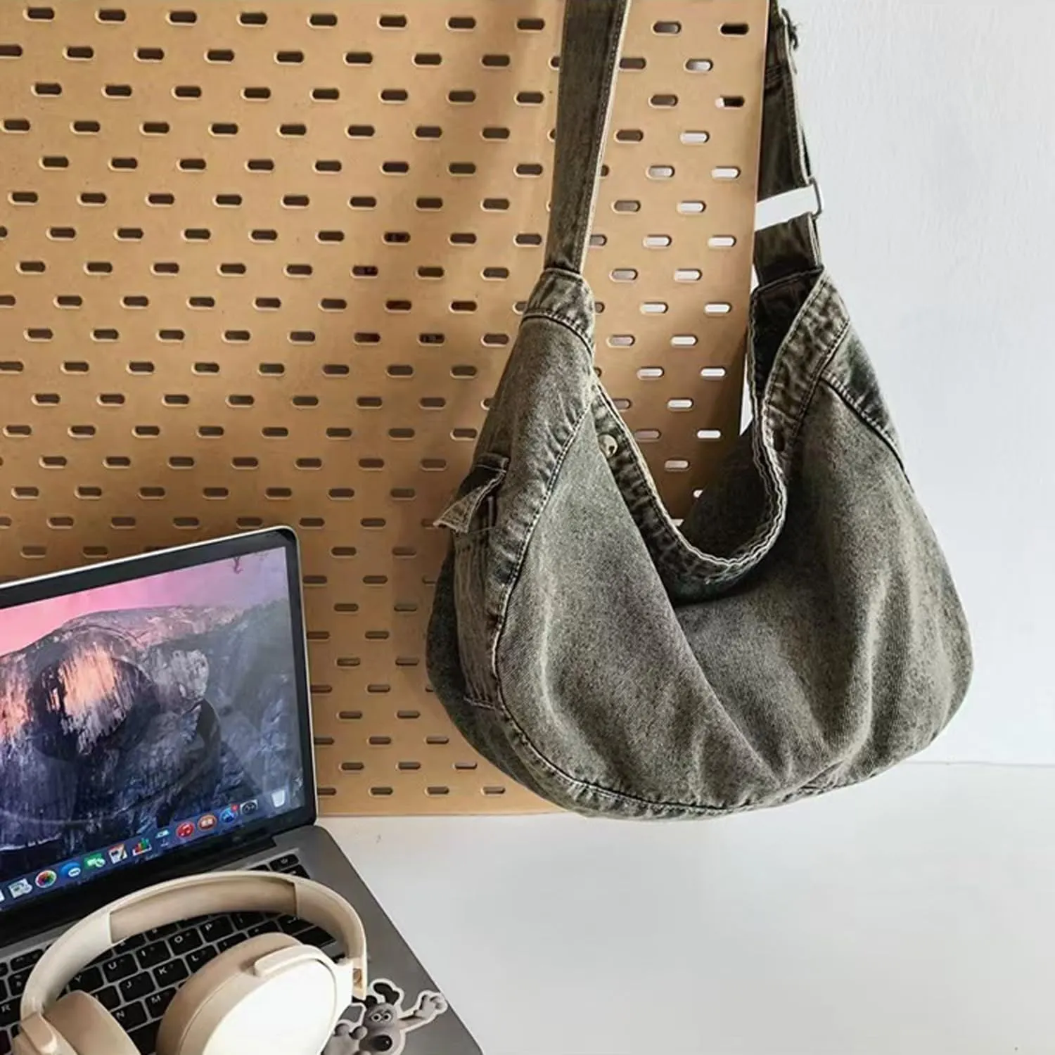 Denim Canvas Messenger Bag Large Crossbody Bag with Multiple Pockets Casual Shoulder Aesthetic Tote Bag for Women and Men