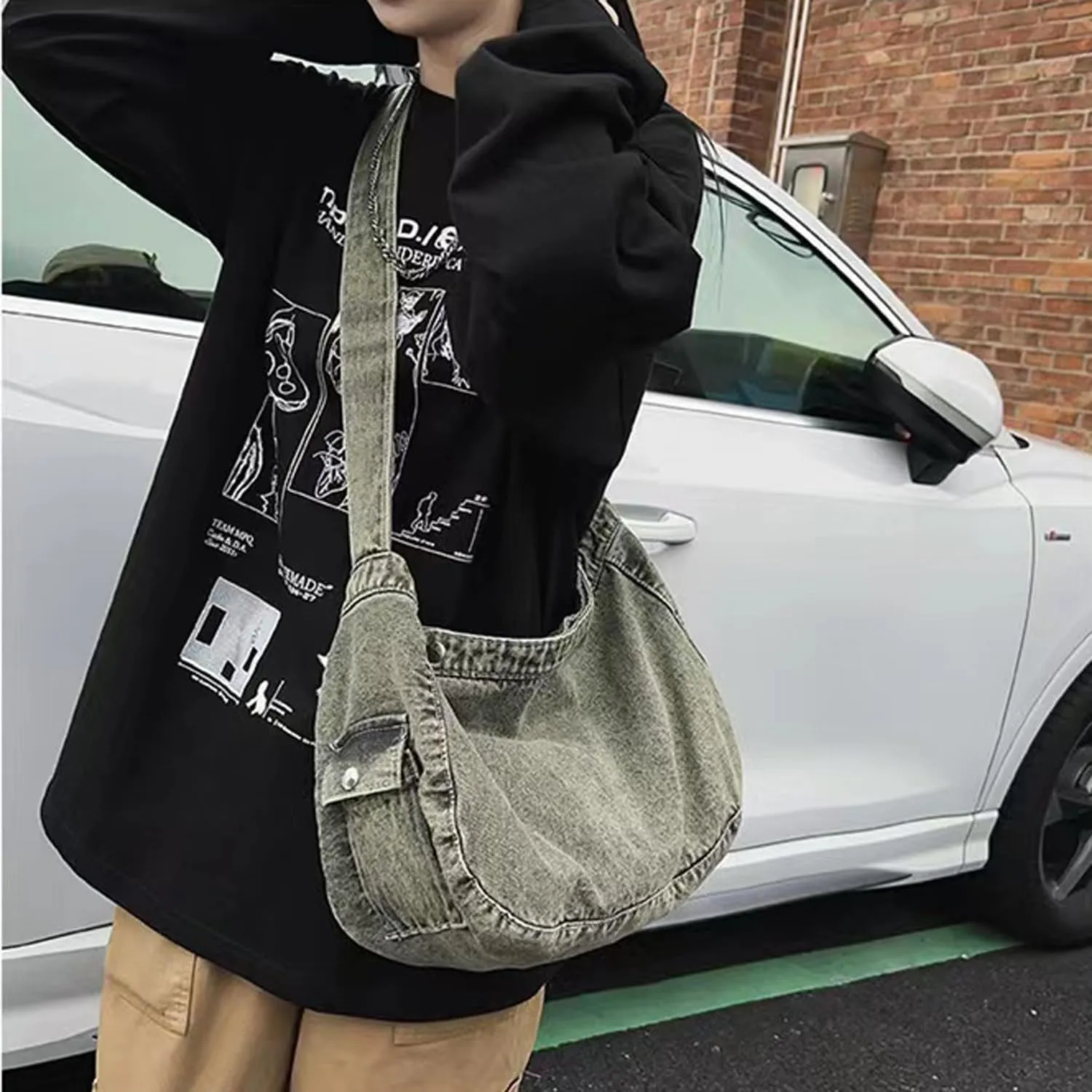 Denim Canvas Messenger Bag Large Crossbody Bag with Multiple Pockets Casual Shoulder Aesthetic Tote Bag for Women and Men