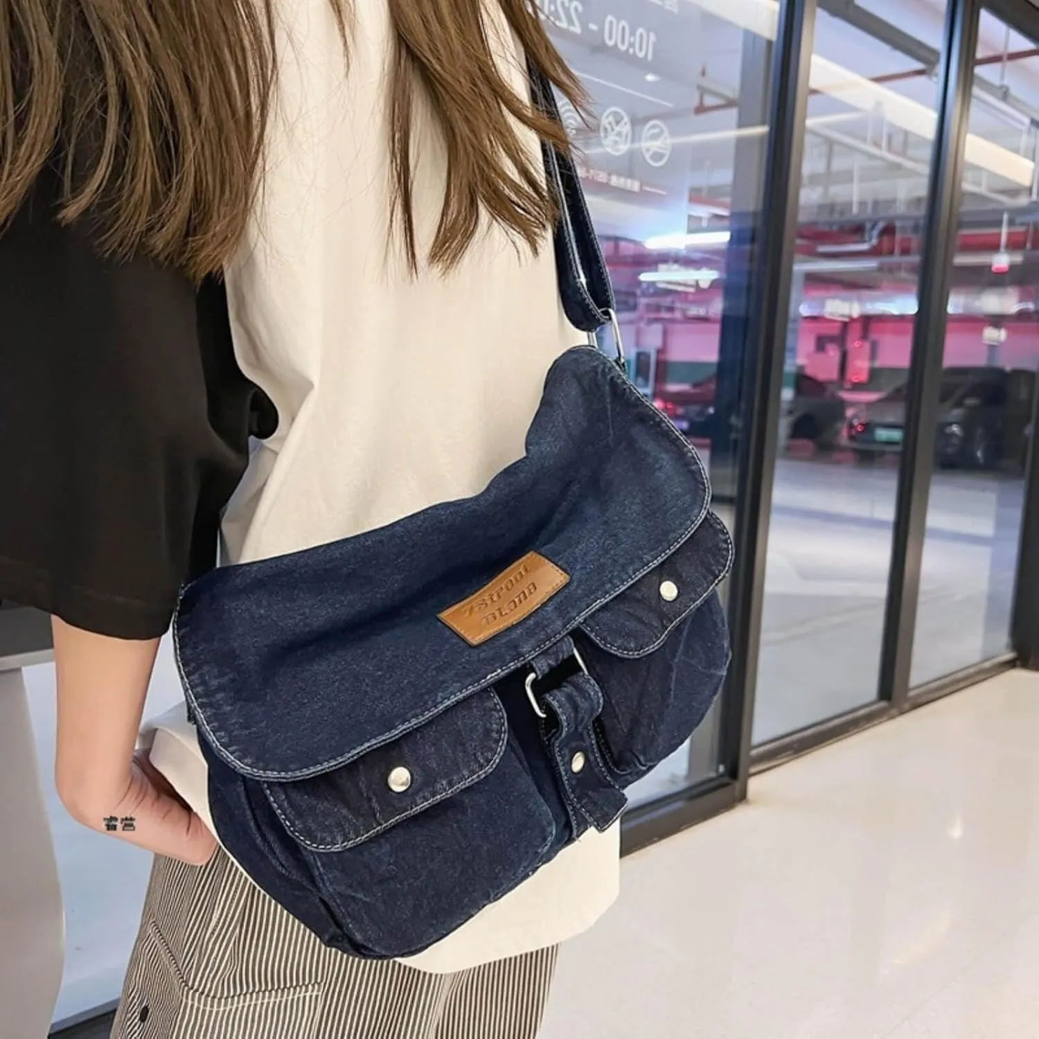Denim Crossbody Bags for Women Men, Messenger Bag Y2K Denim Tote Bag, Blue Jean Hobo Shoulder Bag for Travel Work