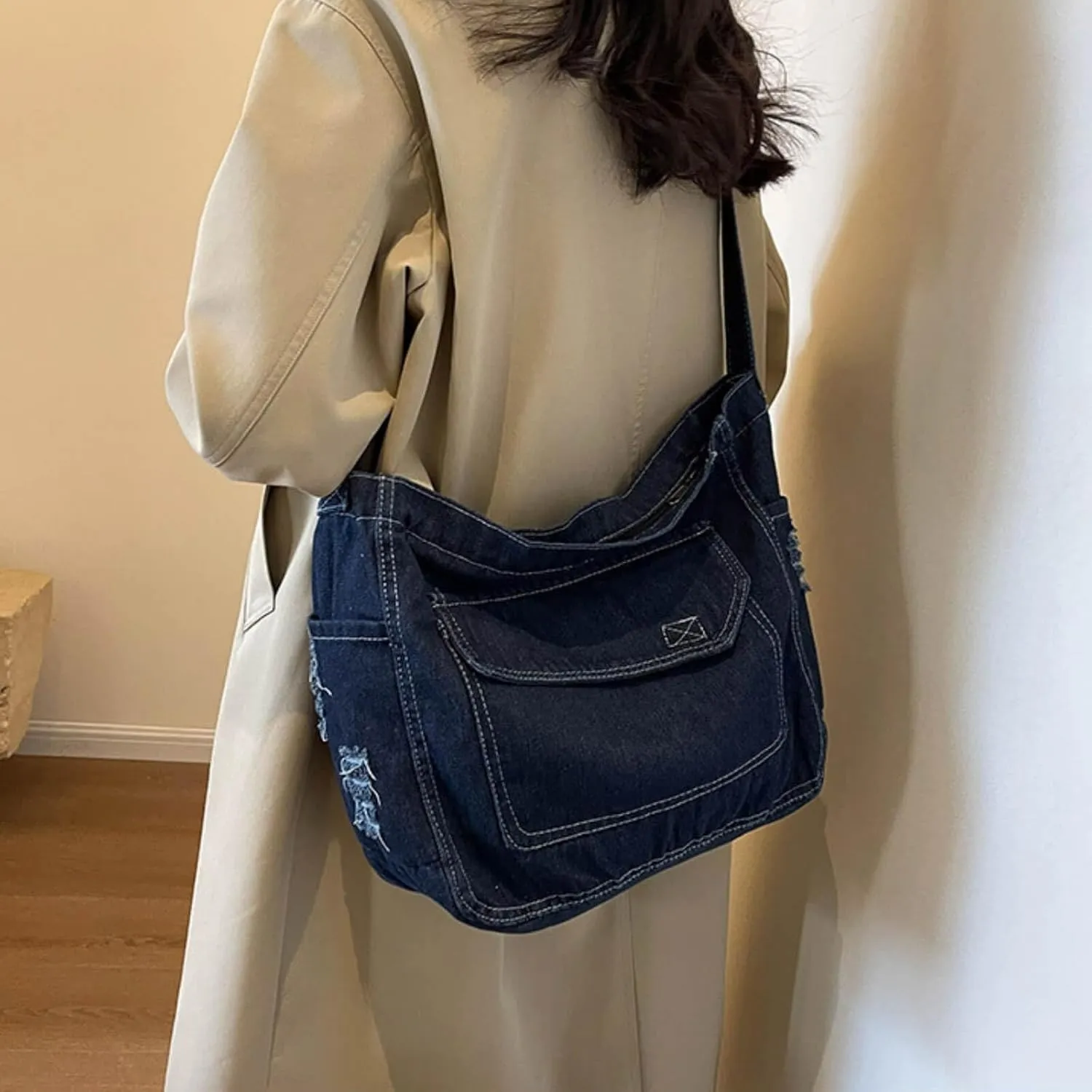 Denim Messenger Bag 2025, Denim Aesthetic Crossbody Shoulder Bags for Women Men, Retro Jean Tote Hobo Bag Handbag