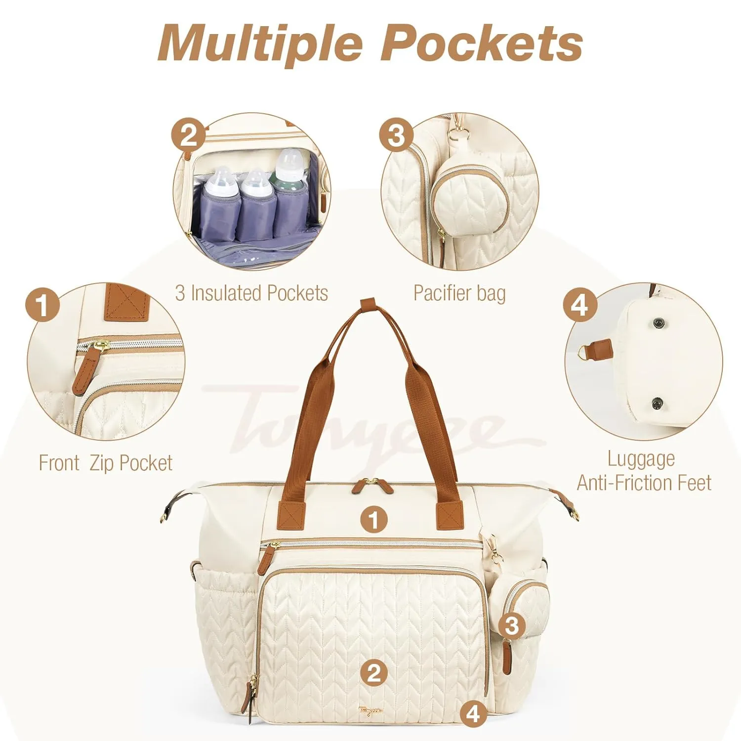 Diaper Bag Tote, Large Baby Diaper Bags Waterproof, Hospital Bag for Labor Delivery with Pacifier Case, Changing Pad, Shoulder Strap, Beige