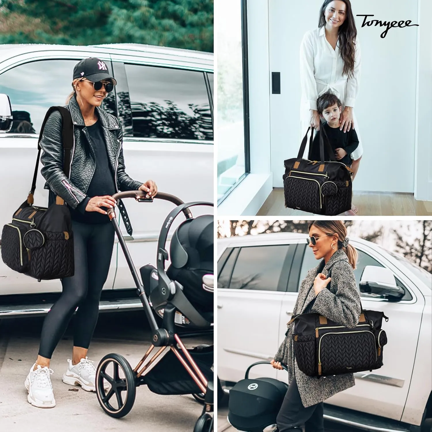 Diaper Bag Tote, Large Diaper Bags Waterproof, Hospital Bag for Labor Delivery, Baby Bag with Pacifier Case, Travel Diaper Tote with Changing Pad, Black