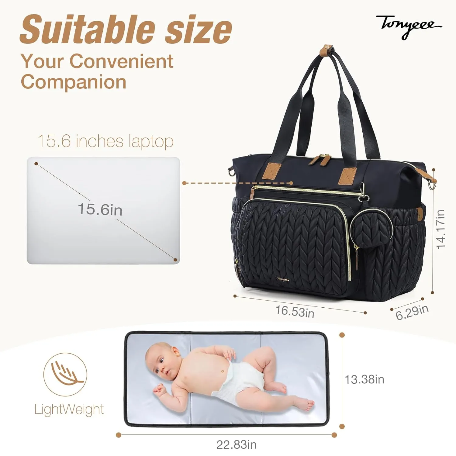 Diaper Bag Tote, Large Diaper Bags Waterproof, Hospital Bag for Labor Delivery, Baby Bag with Pacifier Case, Travel Diaper Tote with Changing Pad, Black