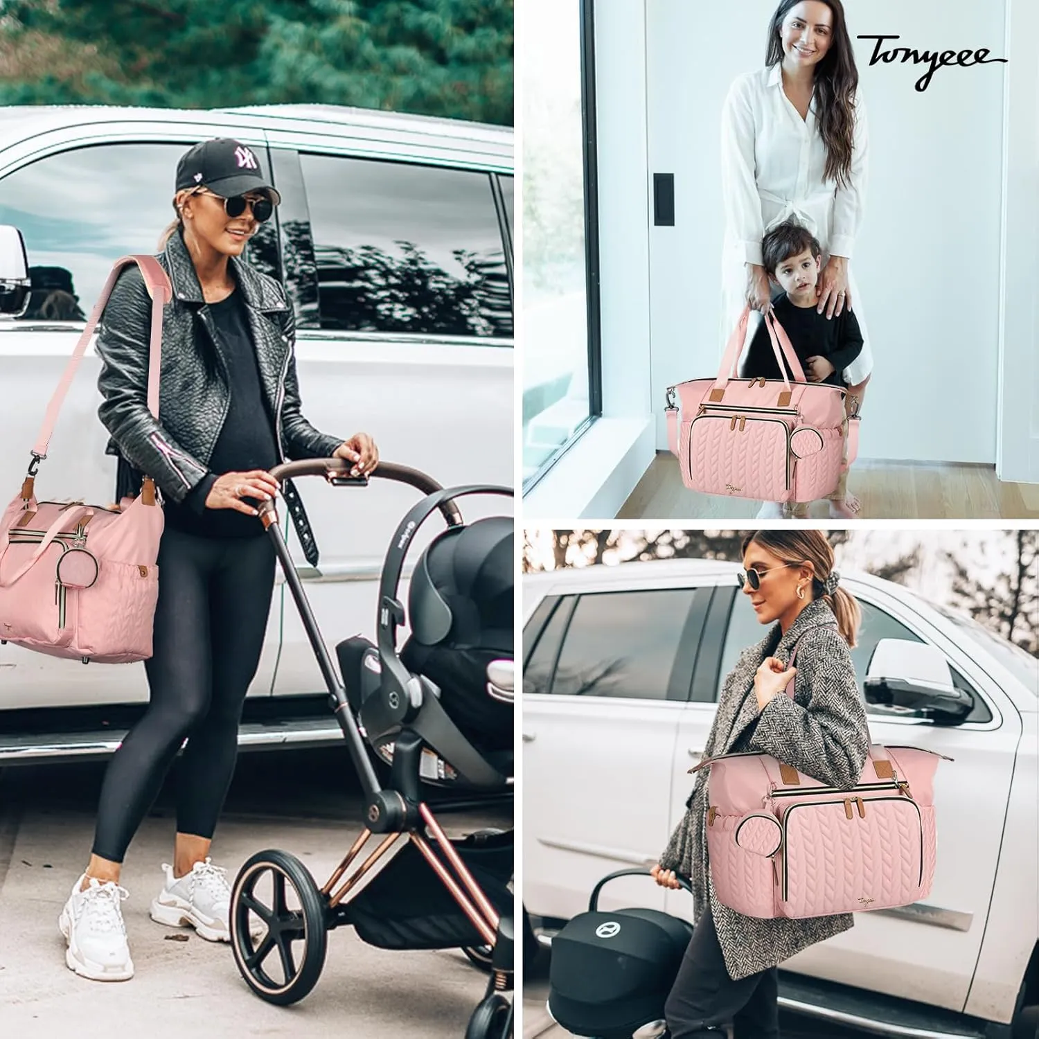 Diaper Bag Tote, Large Diaper Bags Waterproof, Hospital Bag for Labor Delivery, Baby Bag with Pacifier Case, Travel Diaper Tote with Changing Pad, Pink