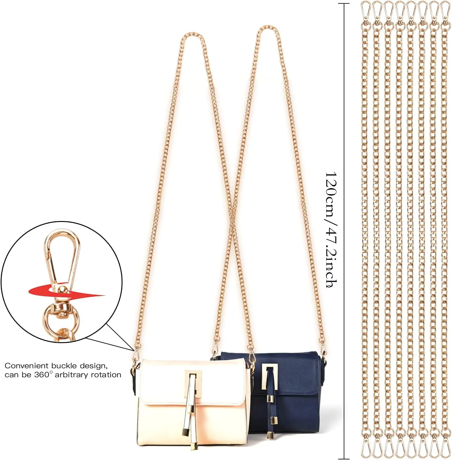 DIY Metal Shoulder Cross Body Bag Chain Replacement, 8 Pack (47 Inch/pcs) (Gold)
