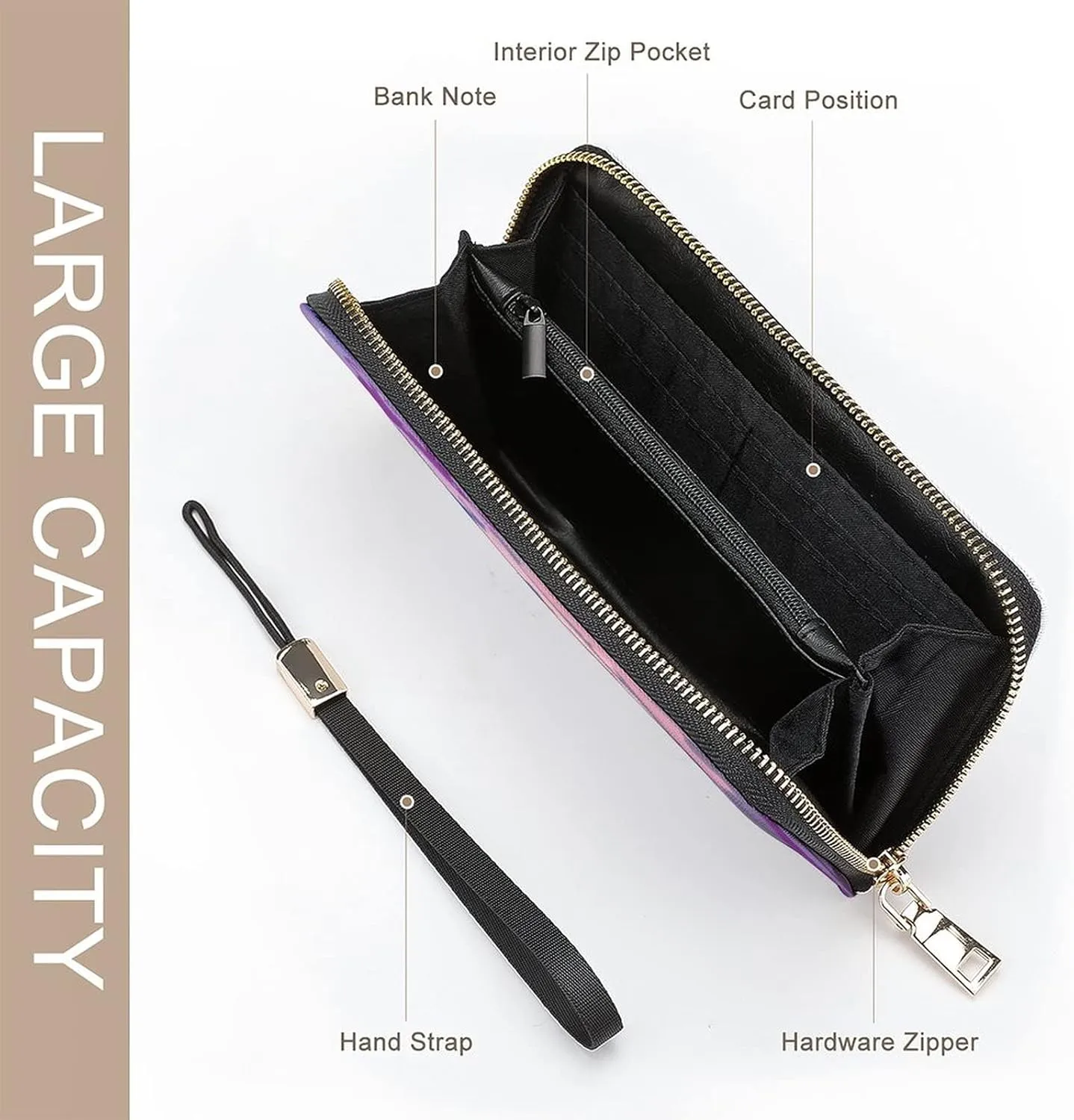 Donnapink Long Clutch Wallet, Long Handbag with Wristlet Strap, PU Leather Zip Purse