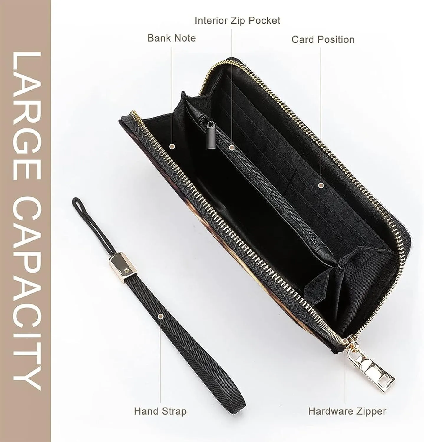 Donnapink Long Clutch Wallet, Long Handbag with Wristlet Strap, PU Leather Zip Purse