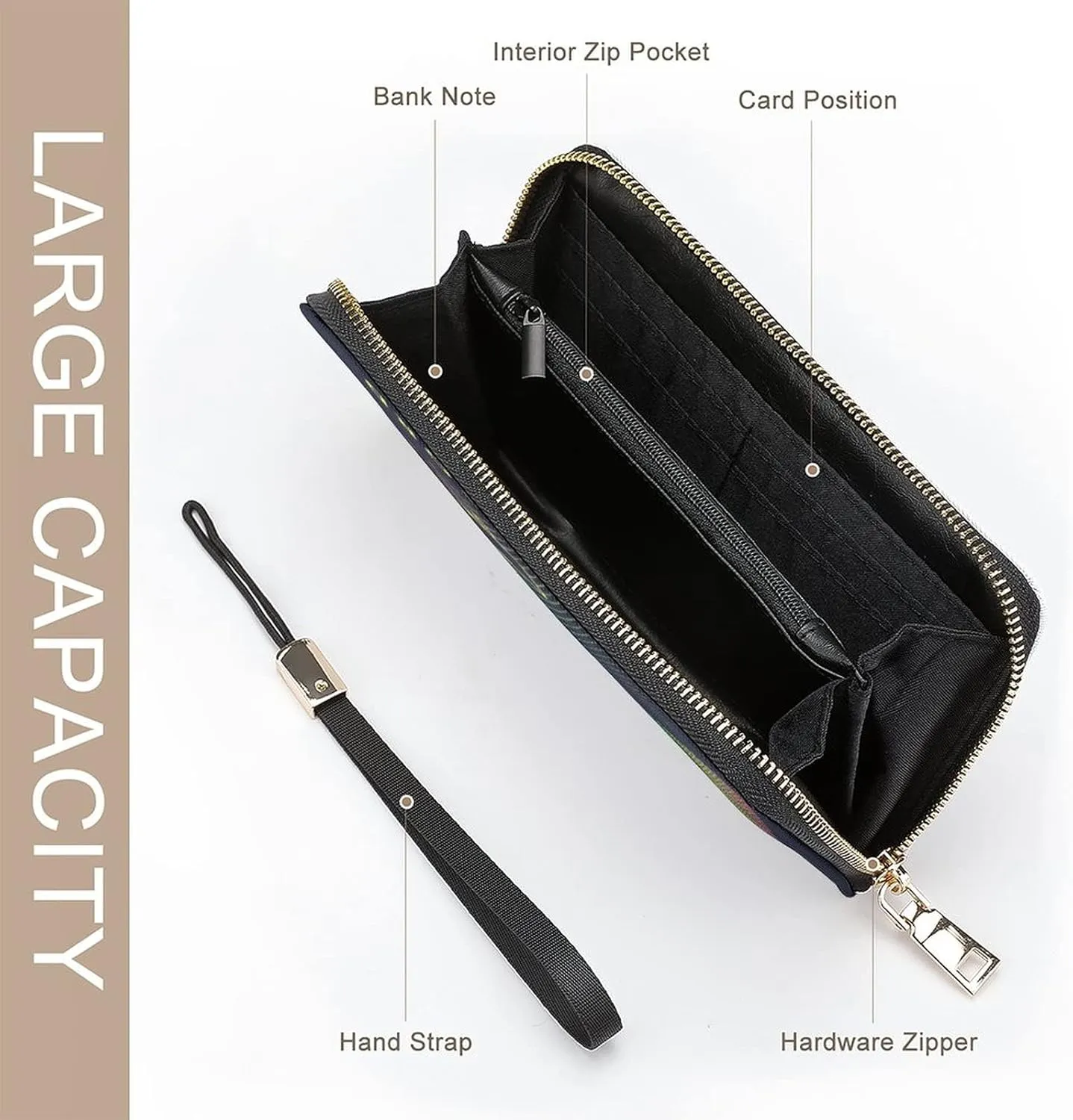 Donnapink Long Clutch Wallet, Long Handbag with Wristlet Strap, PU Leather Zip Purse