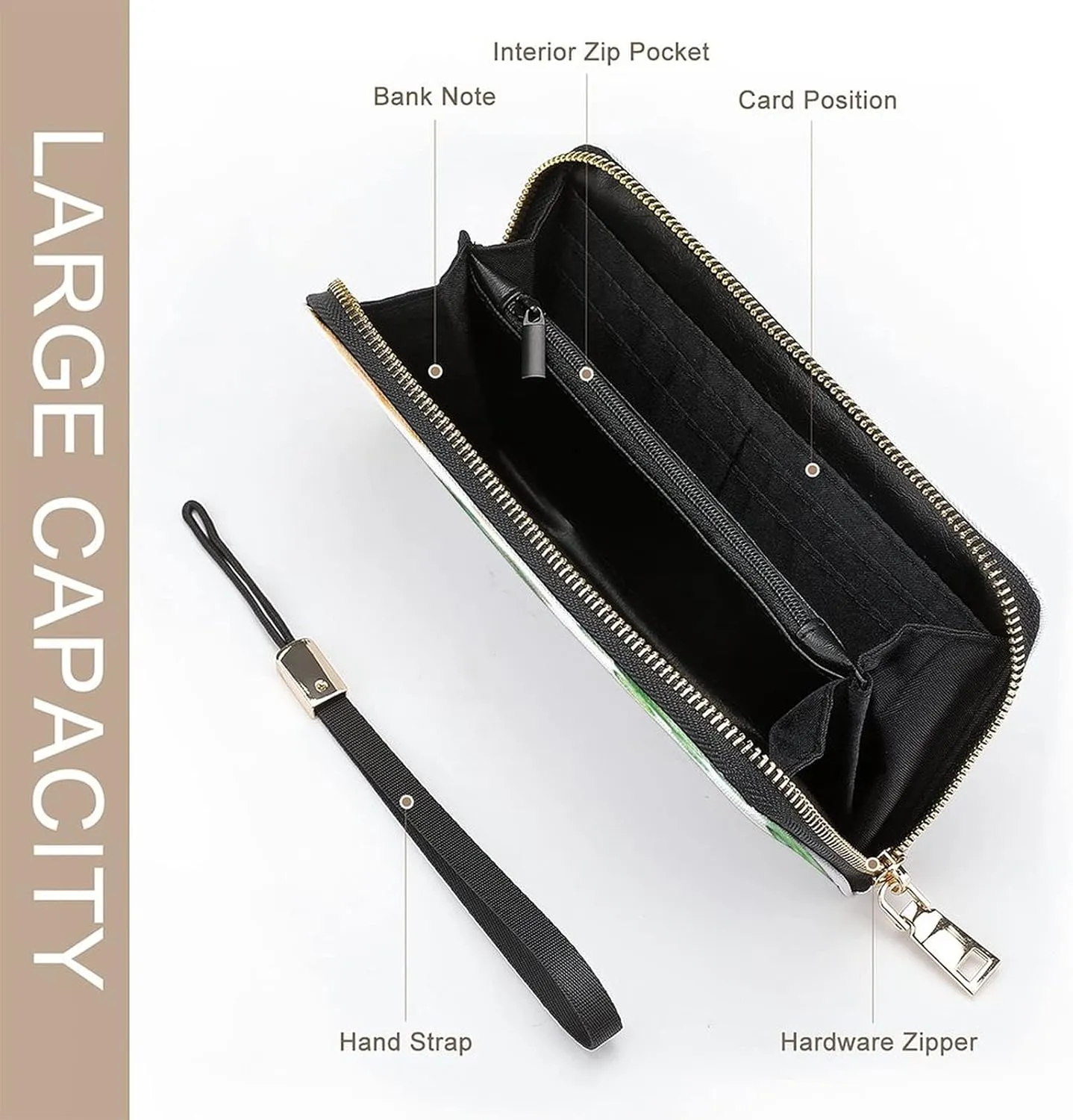 Donnapink Long Clutch Wallet, Long Handbag with Wristlet Strap, PU Leather Zip Purse
