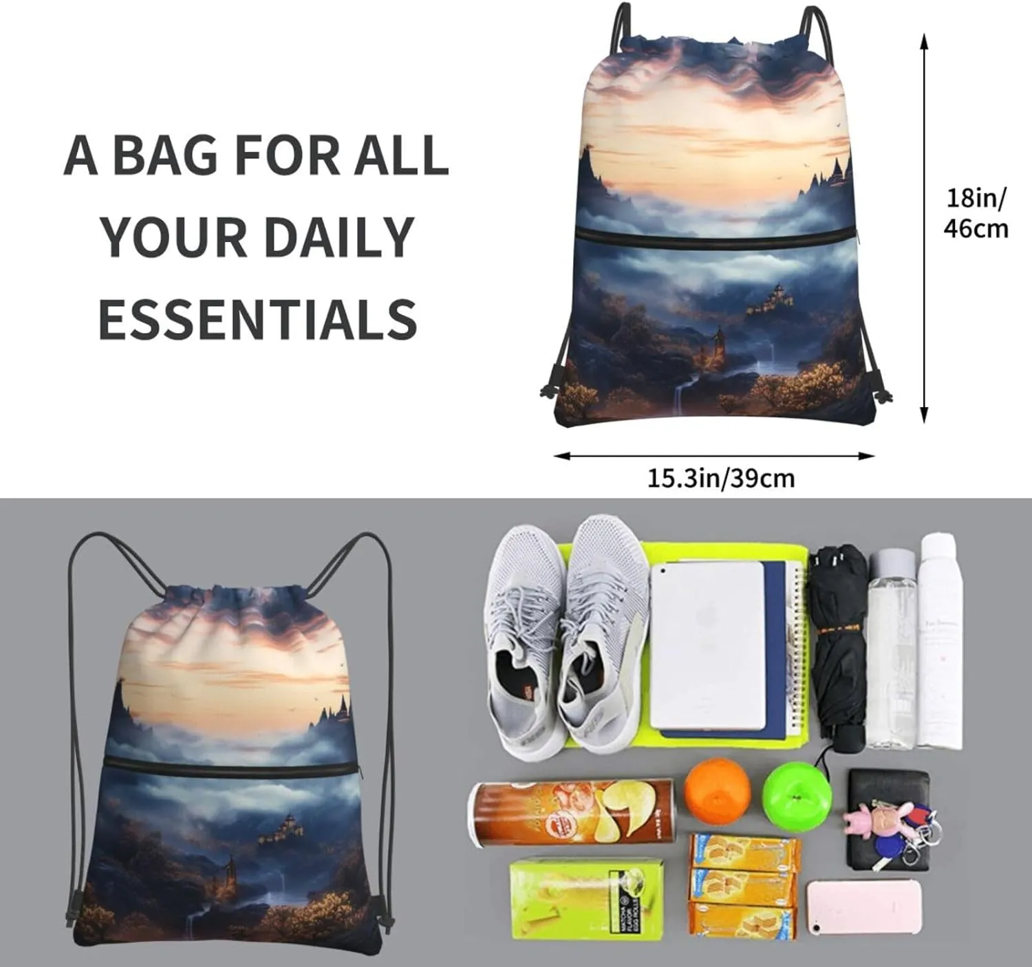 Drawstring Backpack Resistant Sackpack Fairy mist Sports Gym Bag String Bag for Women Men