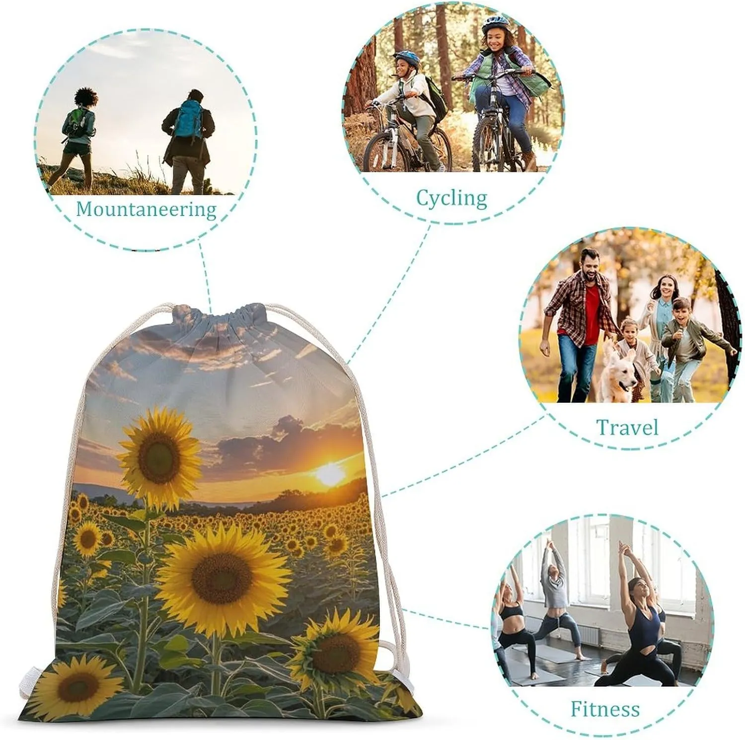 Drawstring Backpack Sunflower Field Sunset String Bag Sackpack Foldable Backpack Sports Gym Bag for Shopping Yoga