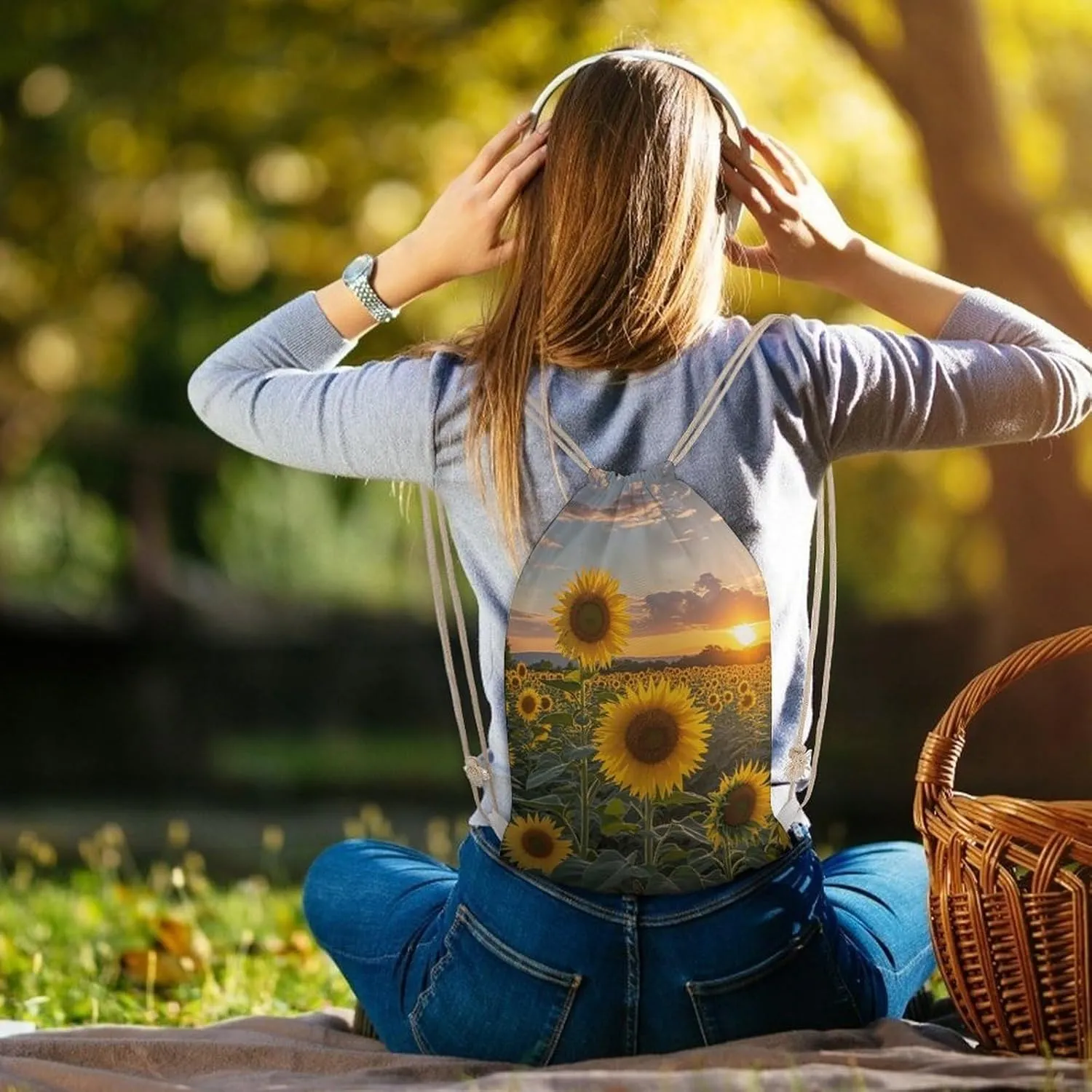 Drawstring Backpack Sunflower Field Sunset String Bag Sackpack Foldable Backpack Sports Gym Bag for Shopping Yoga