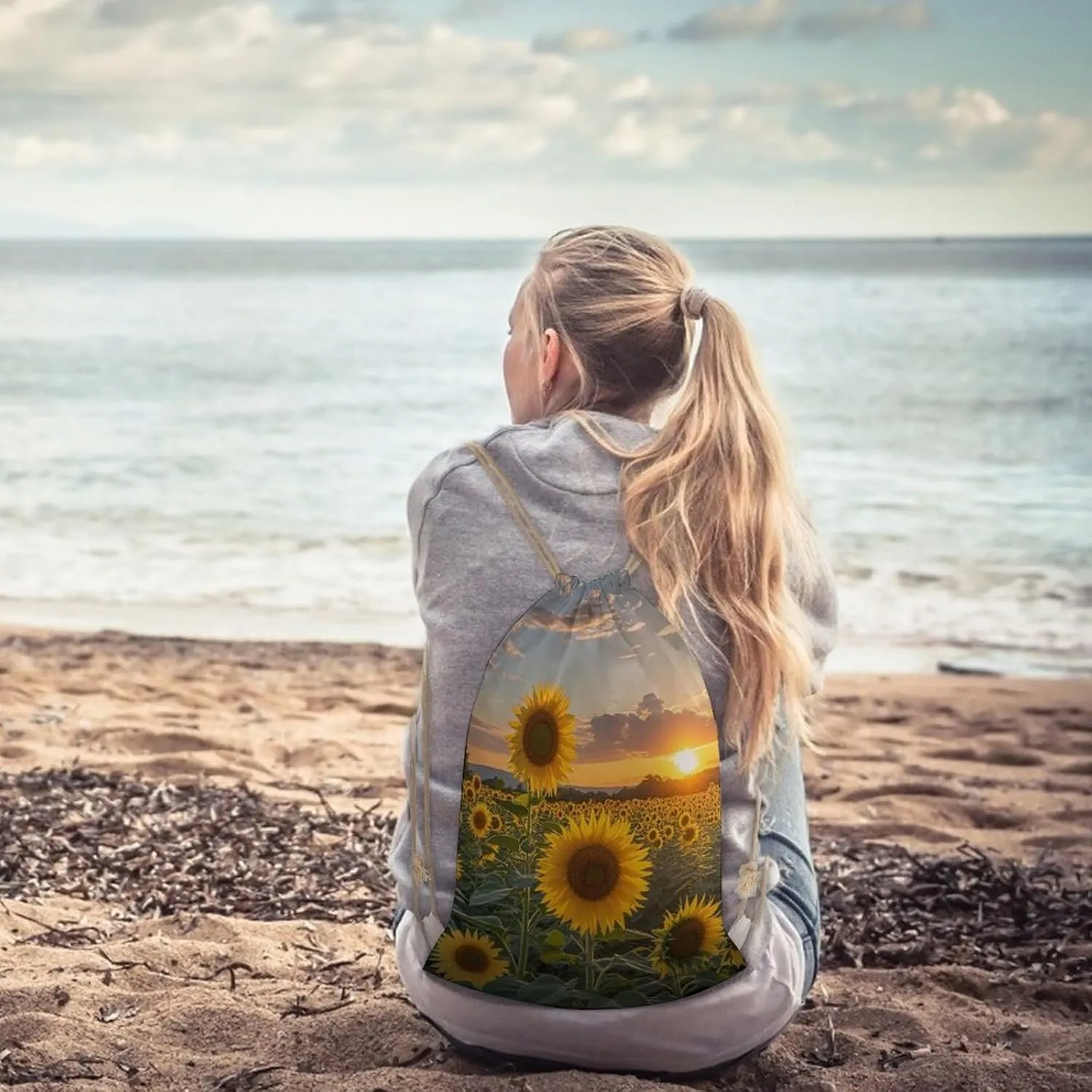 Drawstring Backpack Sunflower Field Sunset String Bag Sackpack Foldable Backpack Sports Gym Bag for Shopping Yoga