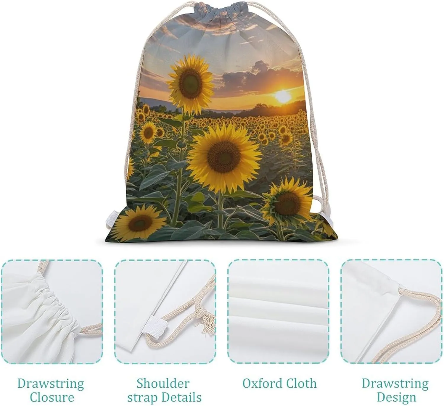 Drawstring Backpack Sunflower Field Sunset String Bag Sackpack Foldable Backpack Sports Gym Bag for Shopping Yoga