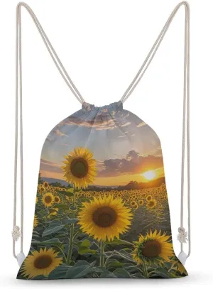 Drawstring Backpack Sunflower Field Sunset String Bag Sackpack Foldable Backpack Sports Gym Bag for Shopping Yoga