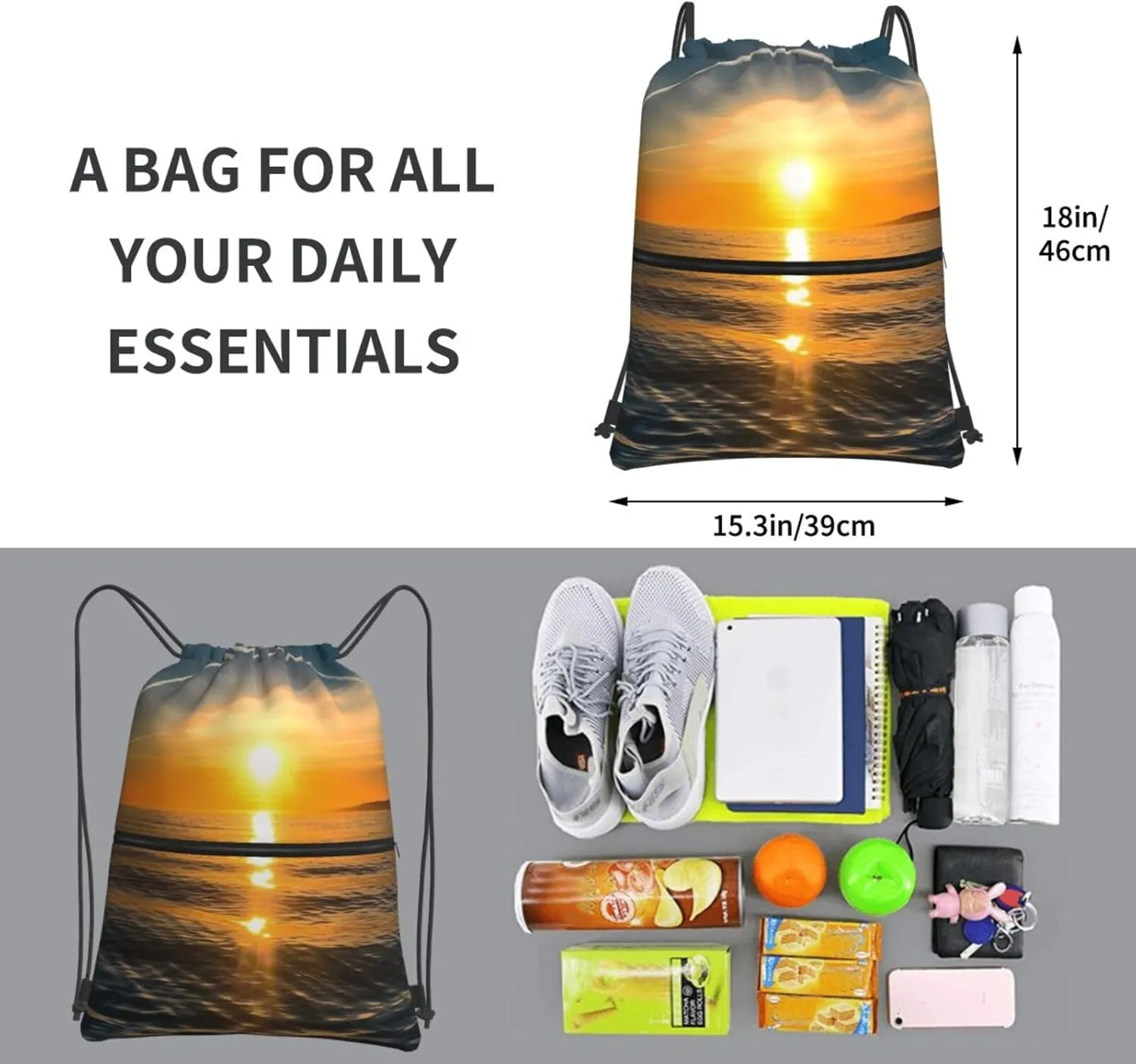 Drawstring Bag Gym Sack Drawstring Backpack Sport Gym Sack Cinch Bag Park at Sunset Sport Bags for Travel, Sunrise Horizon, One Size