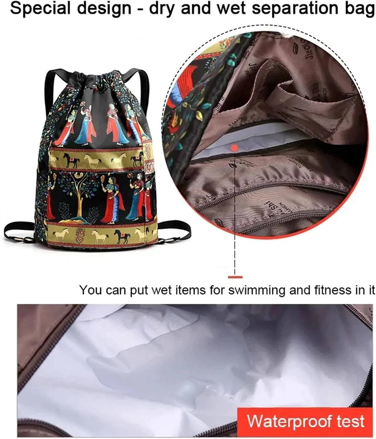 Drawstring Foldable Large Capacity Dry-wet Separation Travel Sports Backpack Waterproof Gym Bag with Multiple Pockets (B)