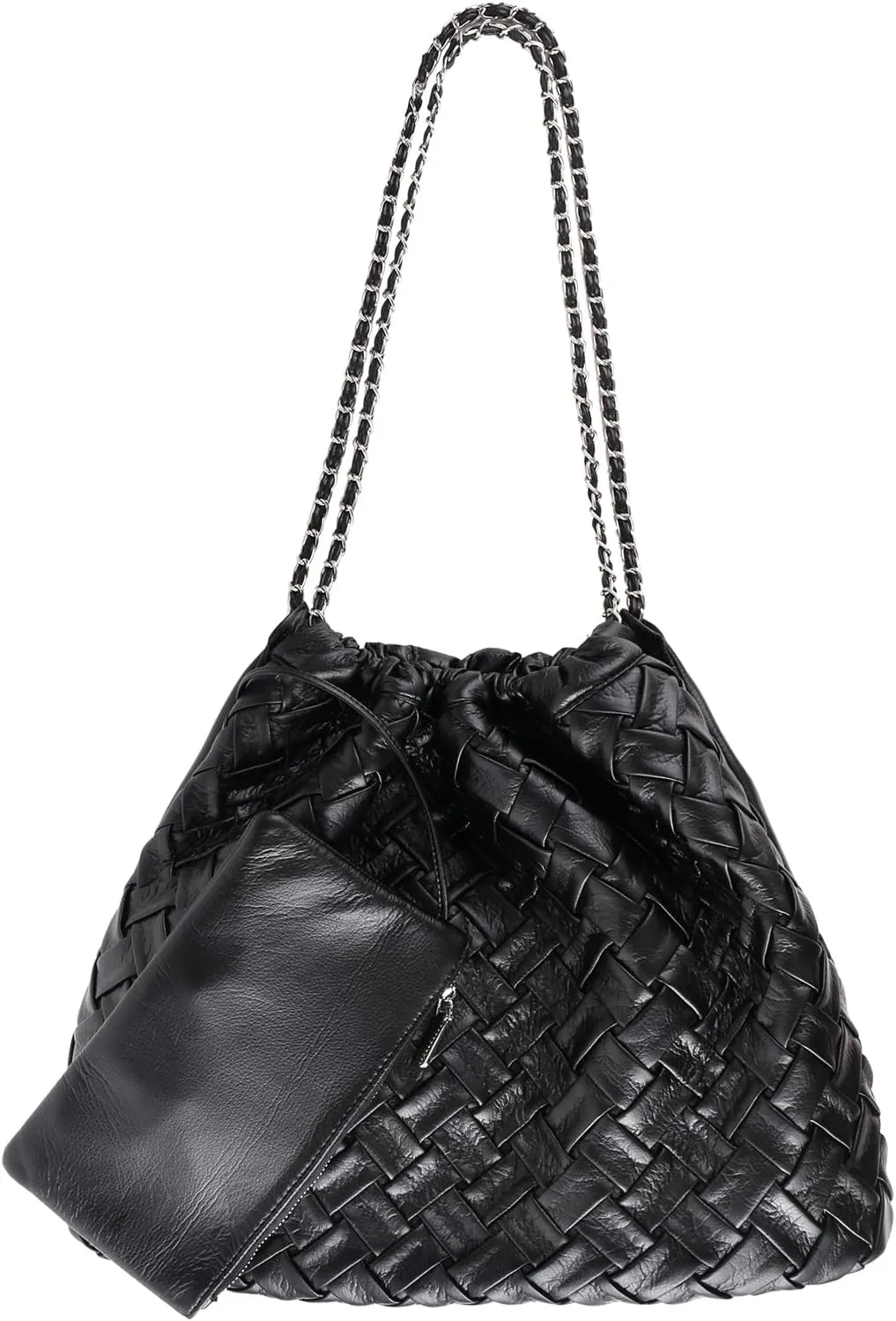 Drawstring Woven Shoulder Bag for Women, Large Vegan Leather Tote Bag Summer Beach Handbag with Purse Satchel Bag