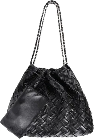 Drawstring Woven Shoulder Bag for Women, Large Vegan Leather Tote Bag Summer Beach Handbag with Purse Satchel Bag