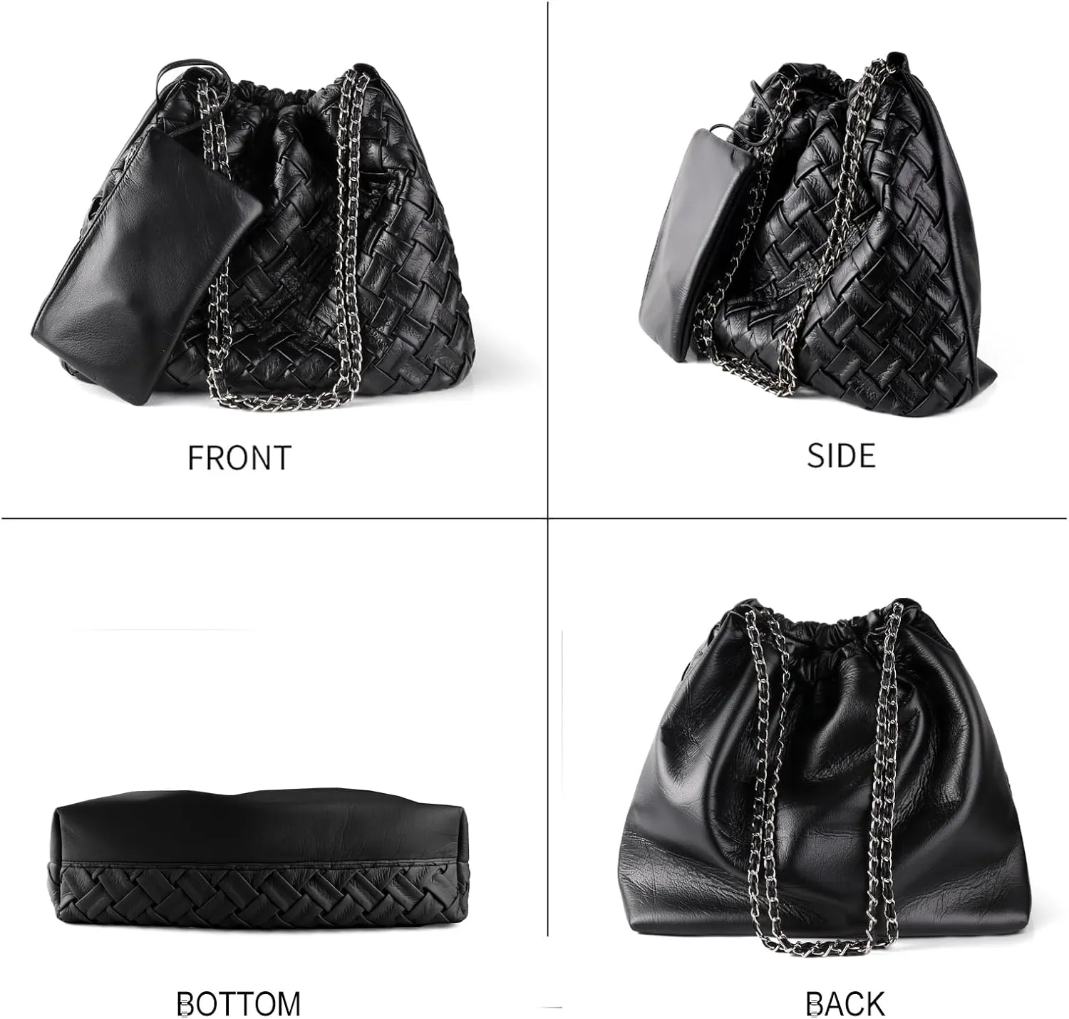 Drawstring Woven Shoulder Bag for Women, Large Vegan Leather Tote Bag Summer Beach Handbag with Purse Satchel Bag
