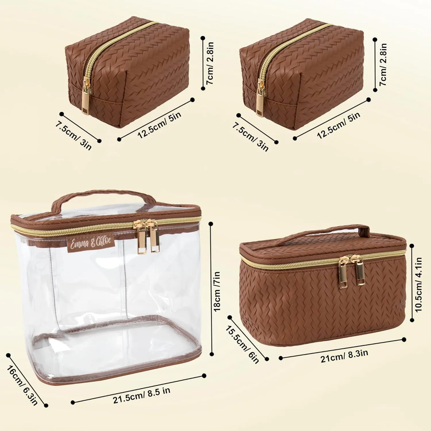 Emma & Chloe Travel Toiletry Bags for Women, 4 Piece Waterproof Cosmetic Case, Set, Pouch Makeup Organizer Bags for Women, Home Counters (Smooth Brown Chevron)