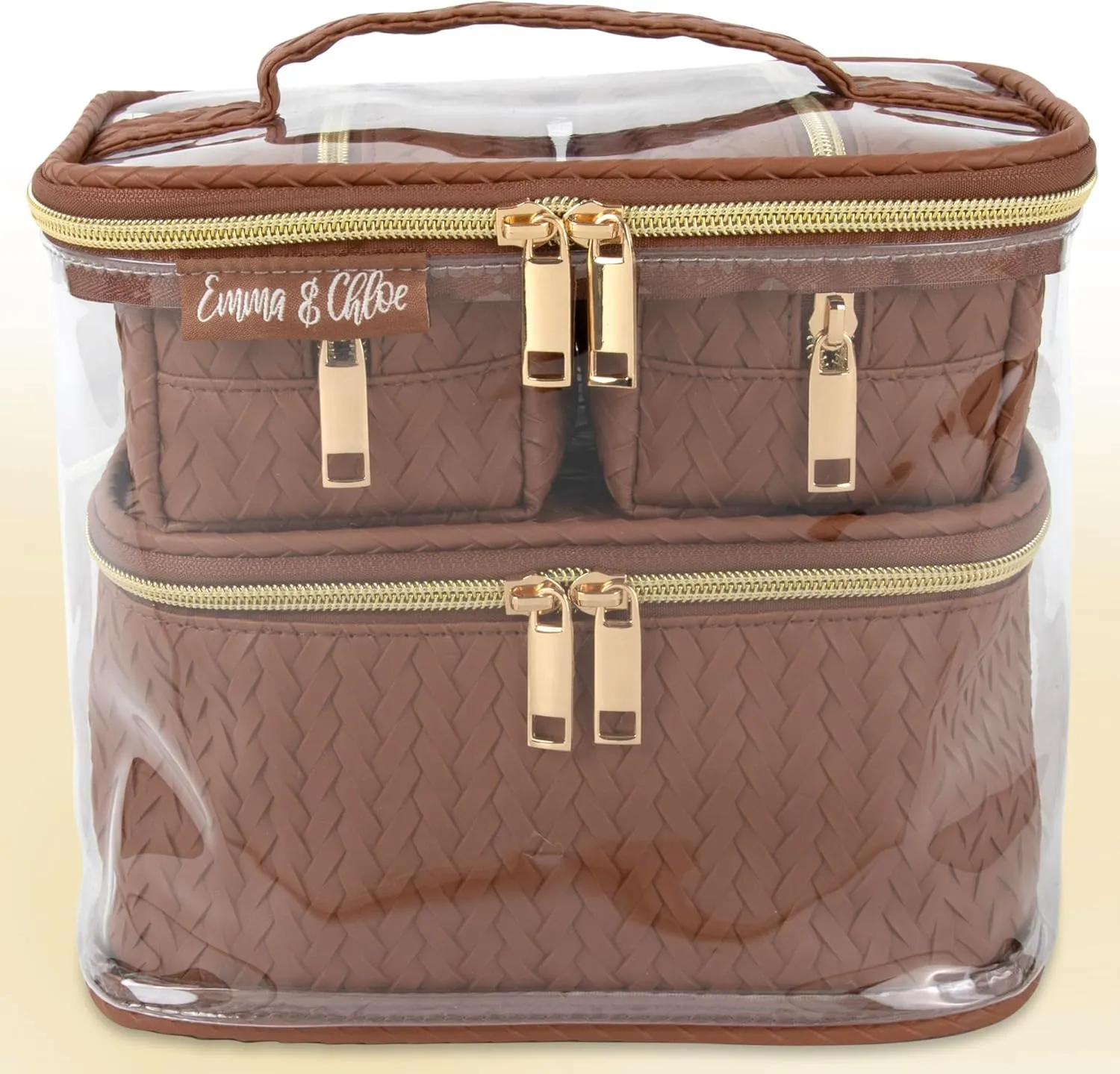 Emma & Chloe Travel Toiletry Bags for Women, 4 Piece Waterproof Cosmetic Case, Set, Pouch Makeup Organizer Bags for Women, Home Counters (Smooth Brown Chevron)