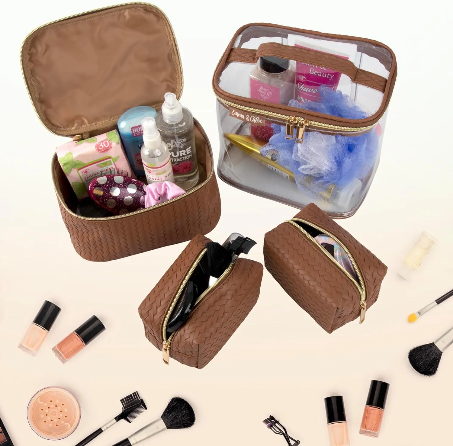 Emma & Chloe Travel Toiletry Bags for Women, 4 Piece Waterproof Cosmetic Case, Set, Pouch Makeup Organizer Bags for Women, Home Counters (Smooth Brown Chevron)