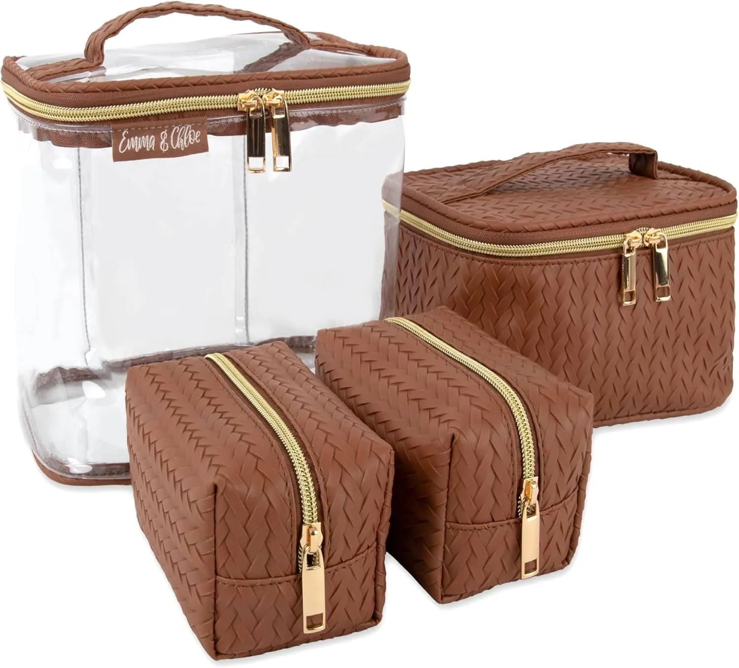 Emma & Chloe Travel Toiletry Bags for Women, 4 Piece Waterproof Cosmetic Case, Set, Pouch Makeup Organizer Bags for Women, Home Counters (Smooth Brown Chevron)
