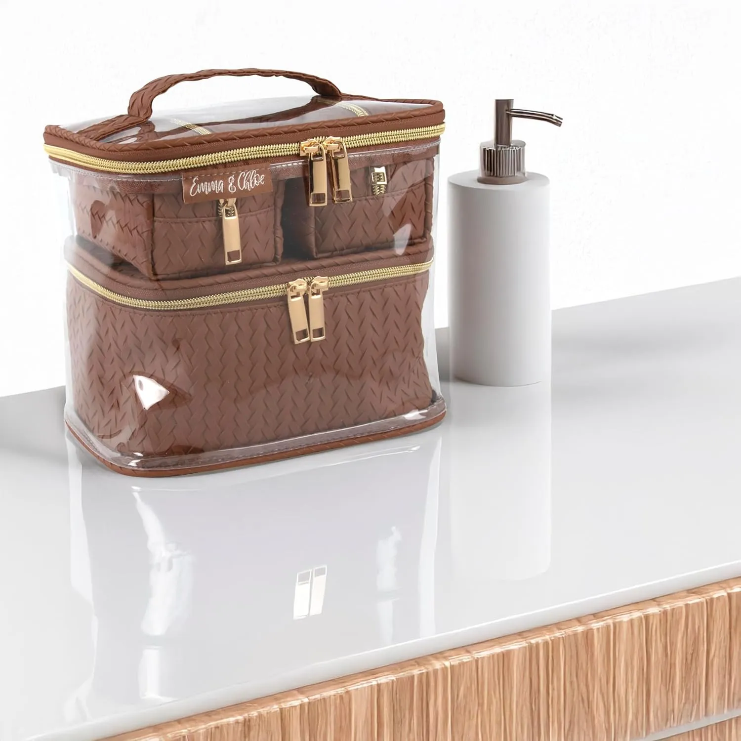 Emma & Chloe Travel Toiletry Bags for Women, 4 Piece Waterproof Cosmetic Case, Set, Pouch Makeup Organizer Bags for Women, Home Counters (Smooth Brown Chevron)