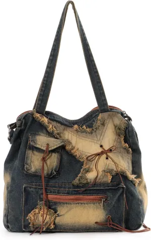 Emprier Denim Hobo Bags for Women - Retro Y2K Blue Jean Casual Purses and Handbags - Large Capacity Tote Bag