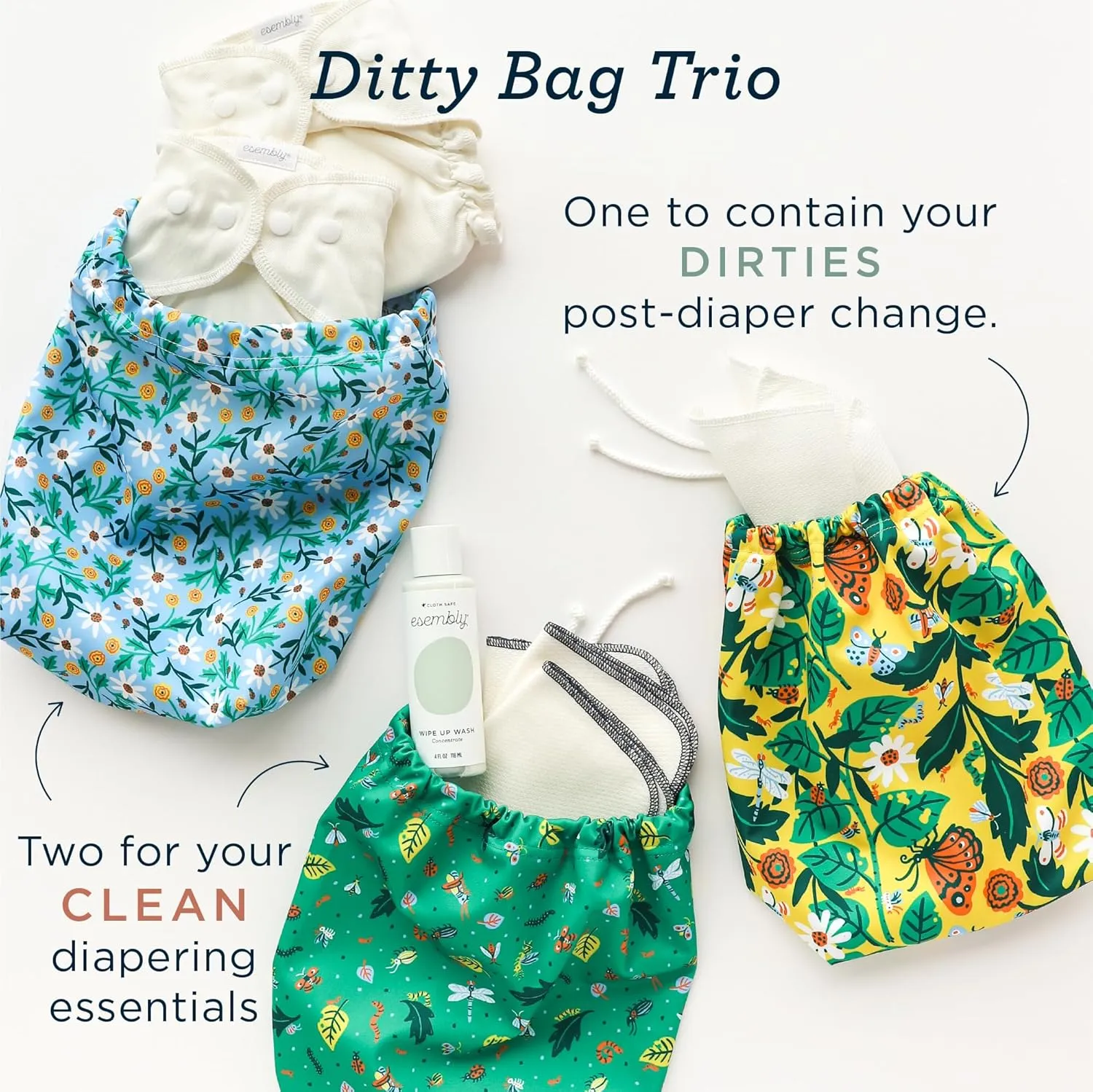 Esembly Ditty Bag Trio, Waterproof Wet Dry Bags for Cloth Diapers, Swimsuits, Gym Clothes, Toiletries and Snacks - Dancing Daisies, Crawlers and in The Garden Prints (Pack of 3)