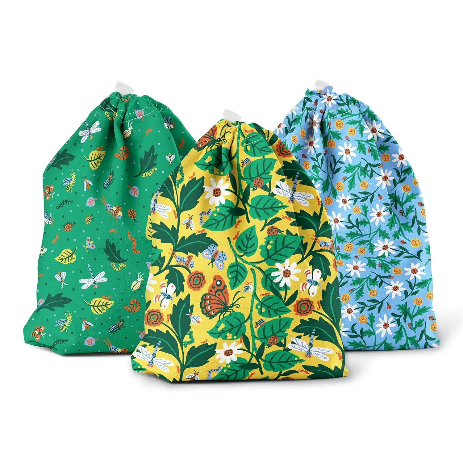 Esembly Ditty Bag Trio, Waterproof Wet Dry Bags for Cloth Diapers, Swimsuits, Gym Clothes, Toiletries and Snacks - Dancing Daisies, Crawlers and in The Garden Prints (Pack of 3)