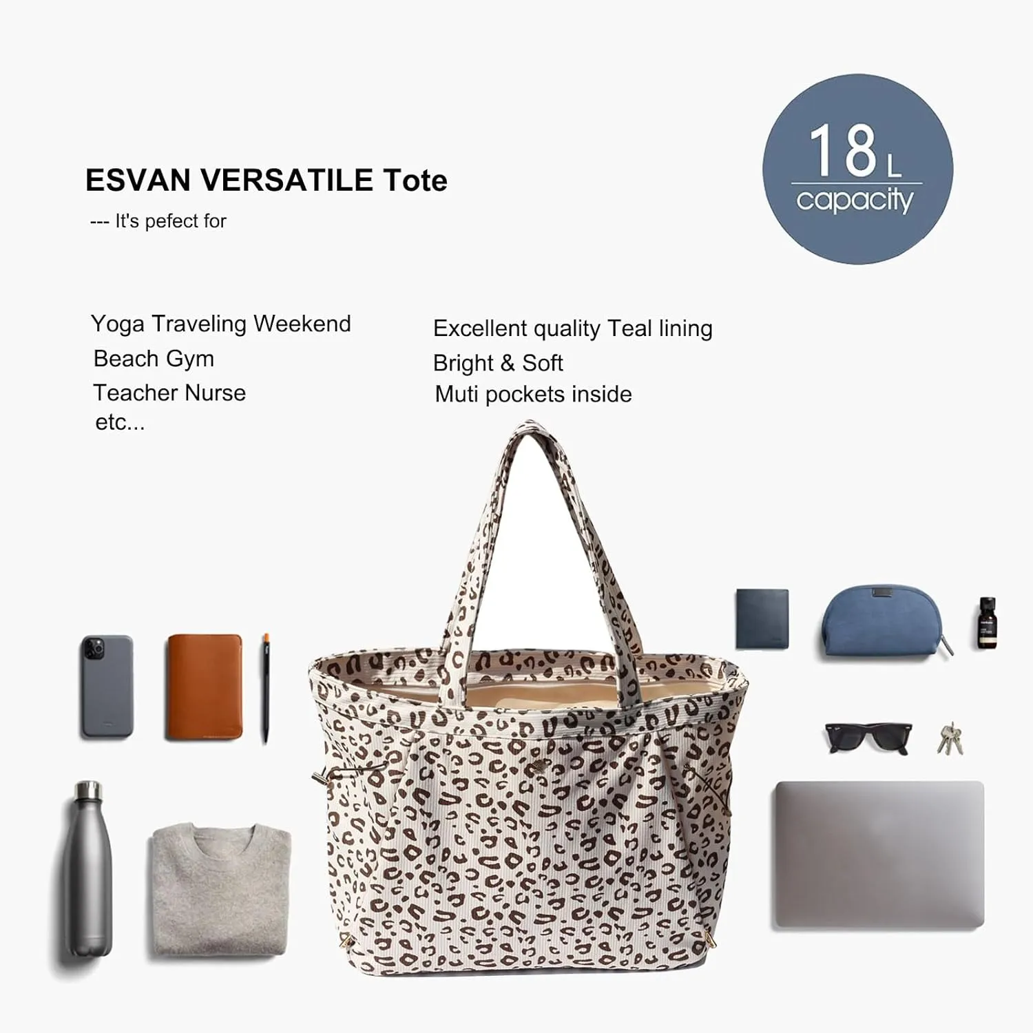 ESVAN Corduroy Yoga Tote Bag Gifts for Women Drawstring Everyday Valentines Gifts for Office Workout Travel Carryall Pilates Gym and Vacation
