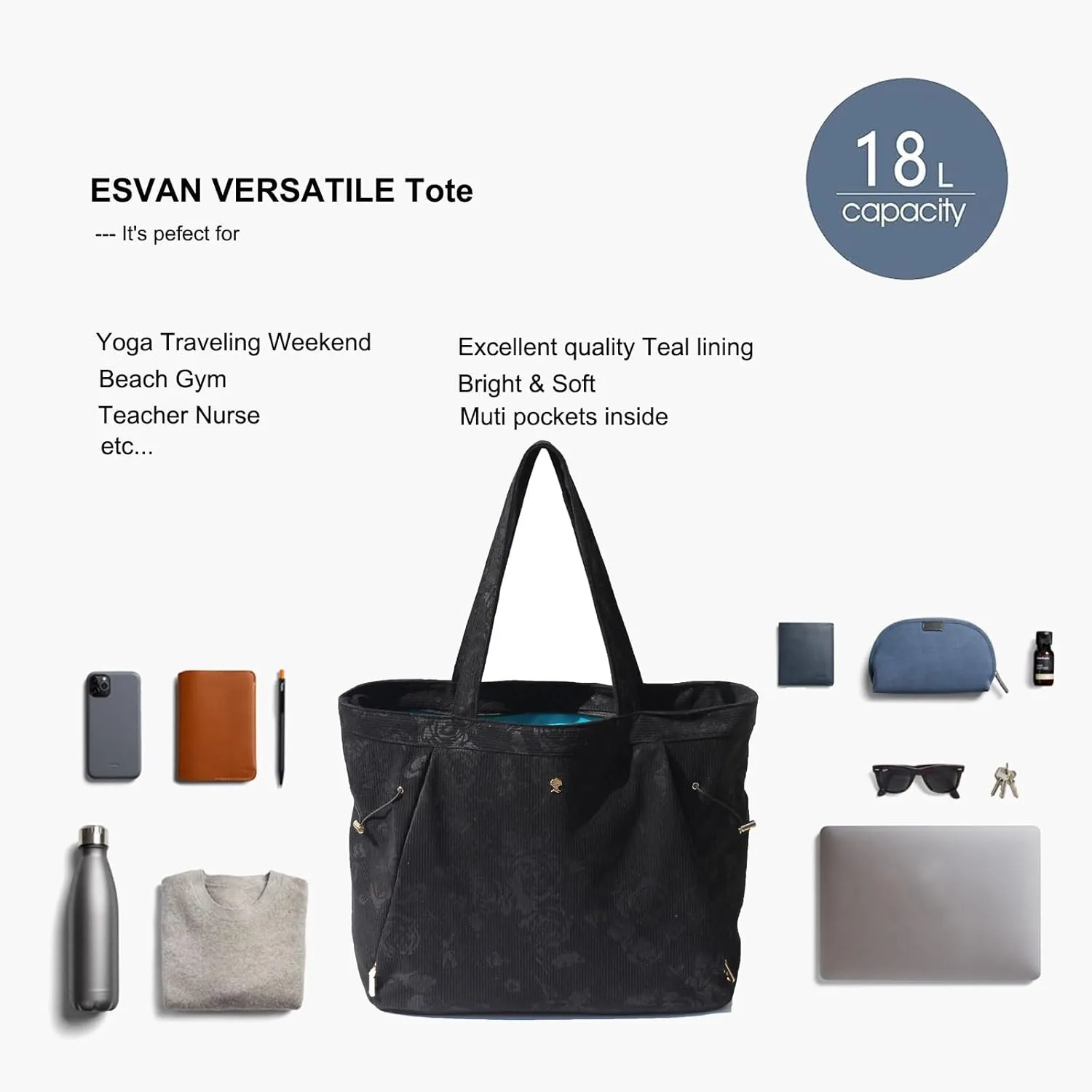 ESVAN Corduroy Yoga Tote Bag Gifts for Women Drawstring Yoga Mat Bag for Office Workout Travel Carryall Pilates Gym