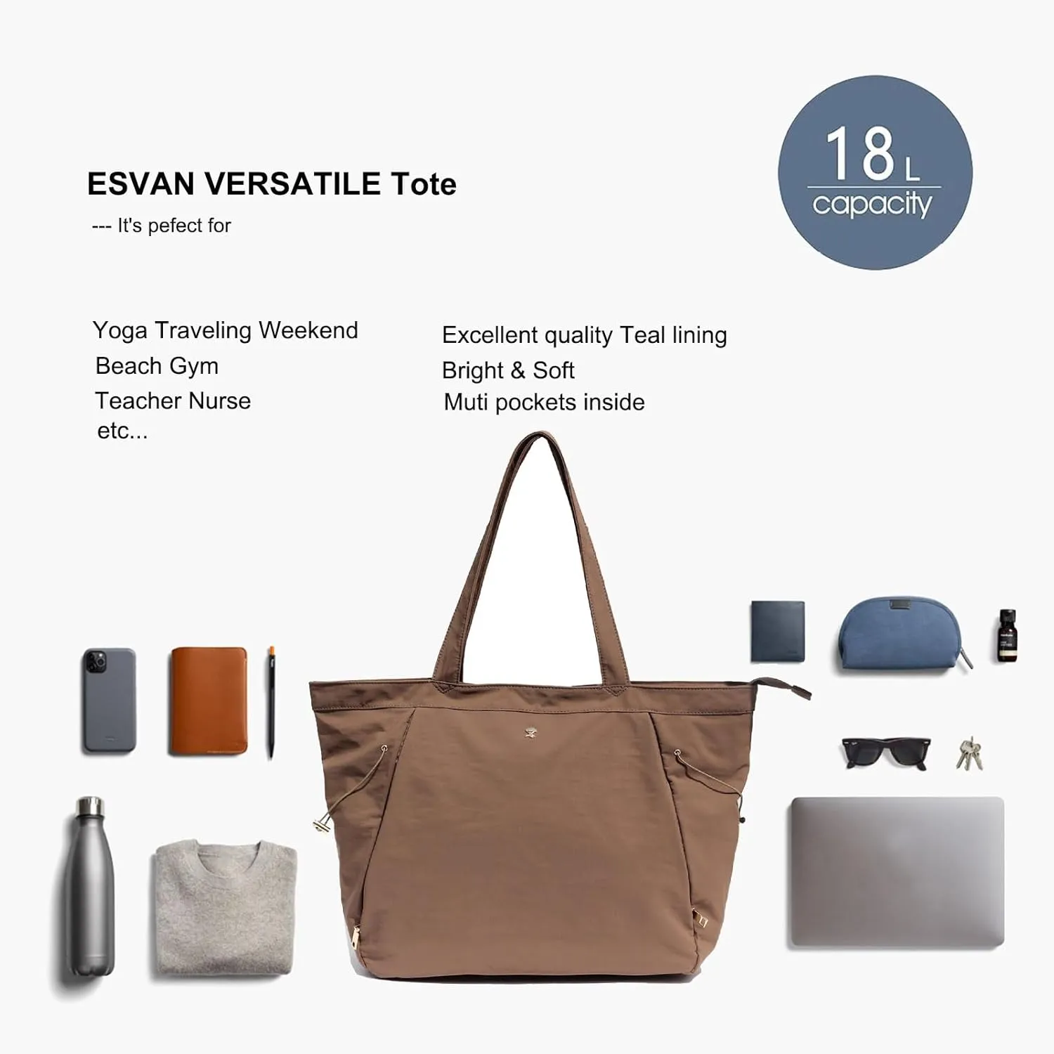 ESVAN Yoga Tote Bag for Women Shoulder Bags Drawstring for Office Workout Travel Carryall Pilates Gym and Beach