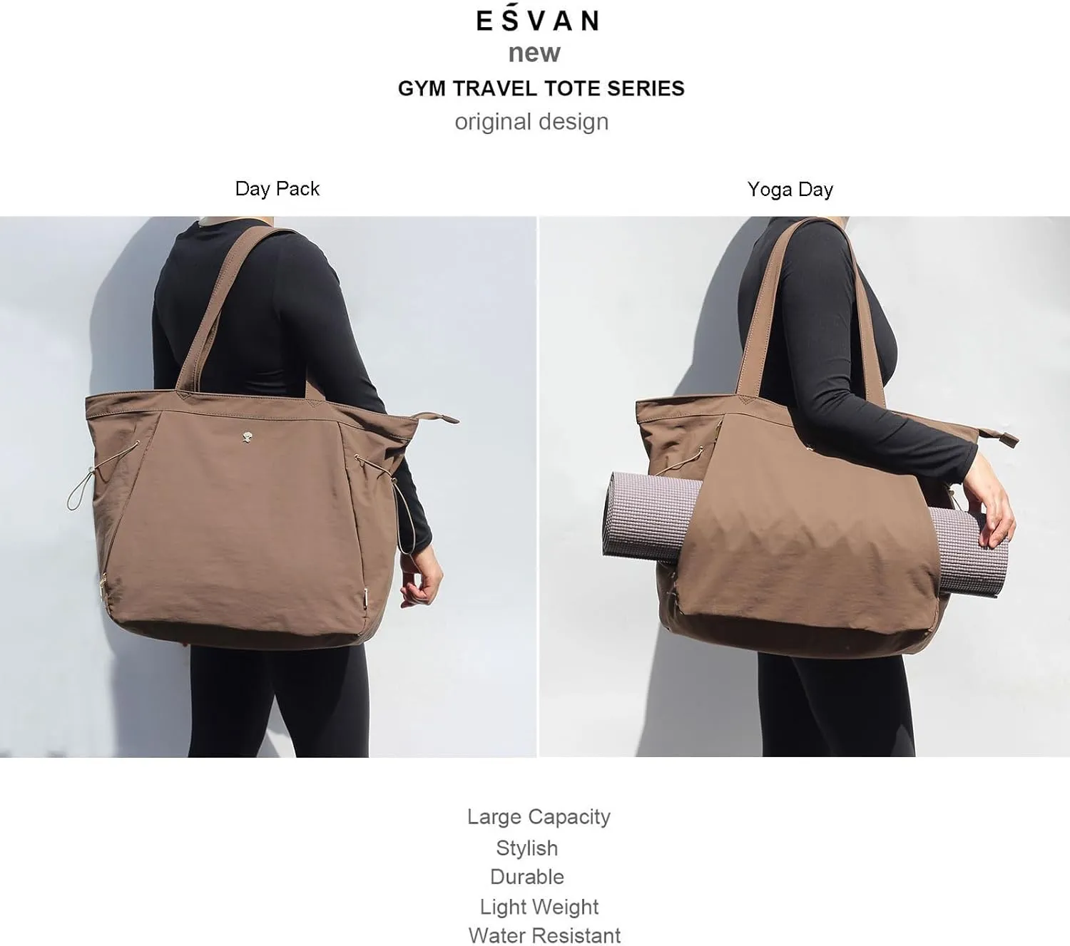 ESVAN Yoga Tote Bag for Women Shoulder Bags Drawstring for Office Workout Travel Carryall Pilates Gym and Beach