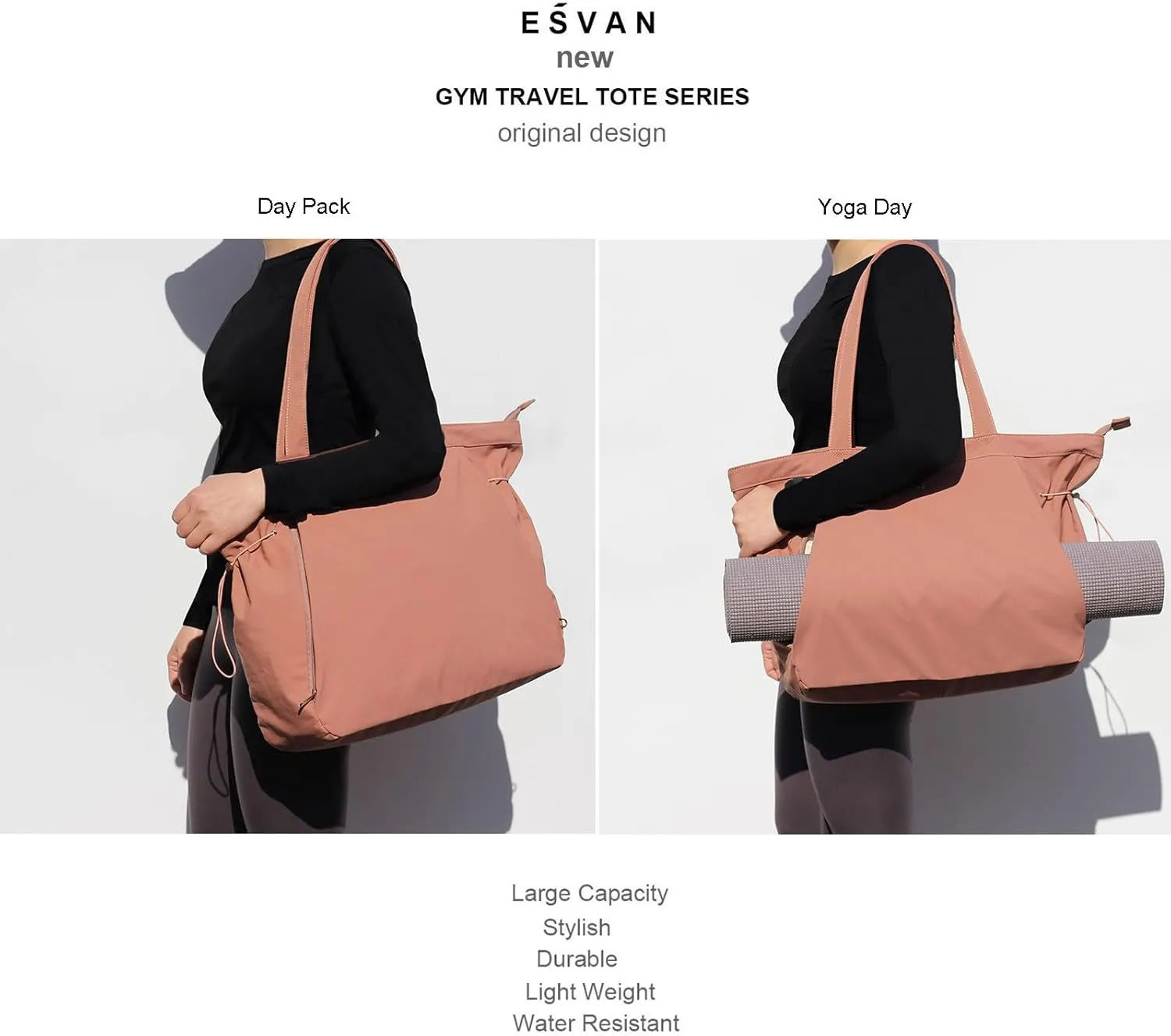 ESVAN Yoga Tote Bag for Women Shoulder Bags Drawstring for Office Workout Travel Carryall Pilates Gym and Beach