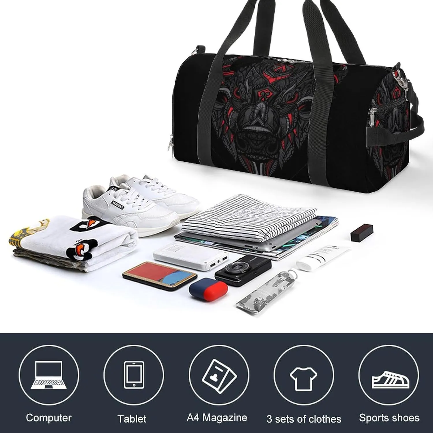 Ethnic Bison Heads Print Sports Tote Gym Bag for Women Men, Overnight Bag with Shoe Compartment Water Resistant