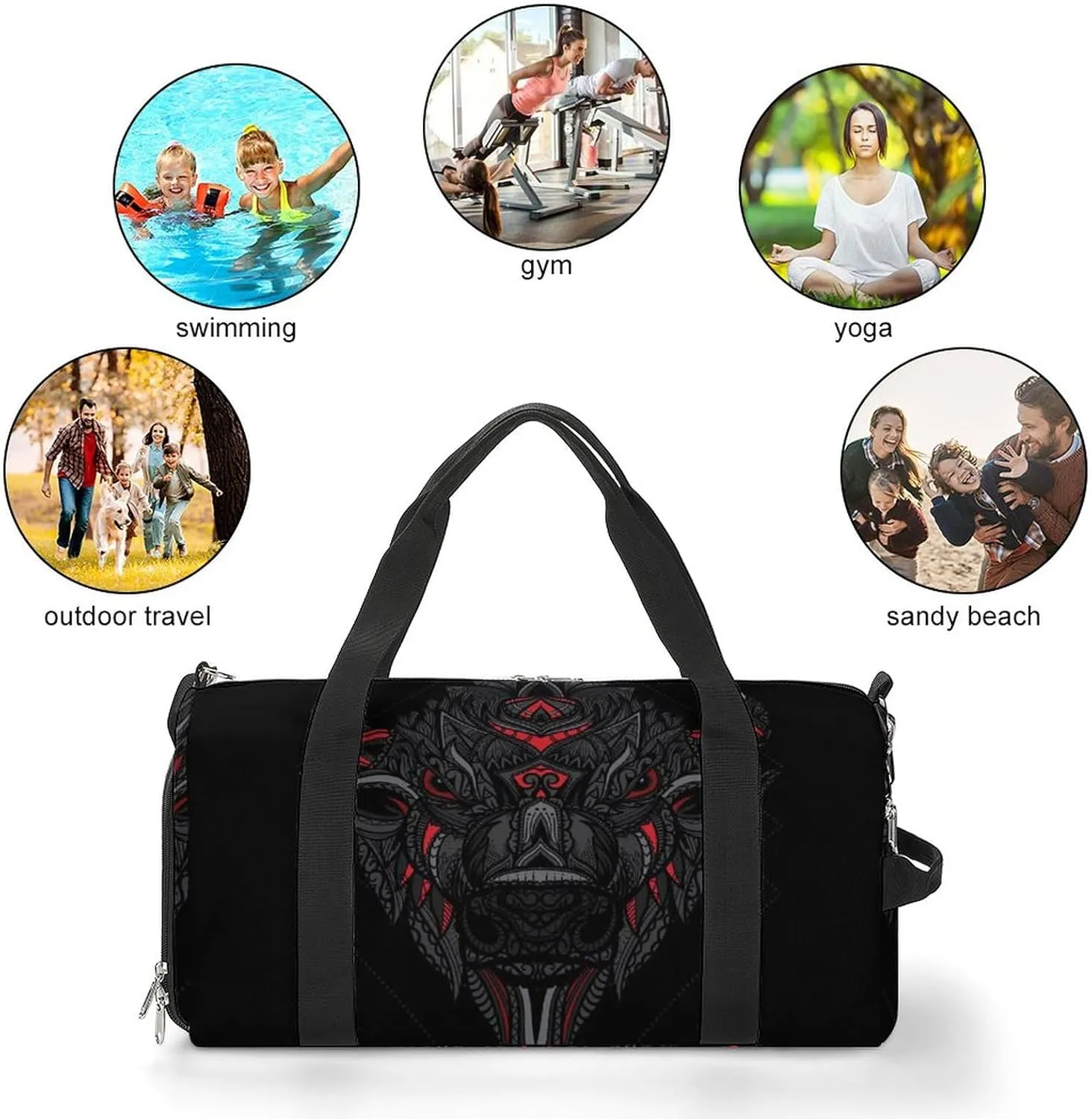 Ethnic Bison Heads Print Sports Tote Gym Bag for Women Men, Overnight Bag with Shoe Compartment Water Resistant