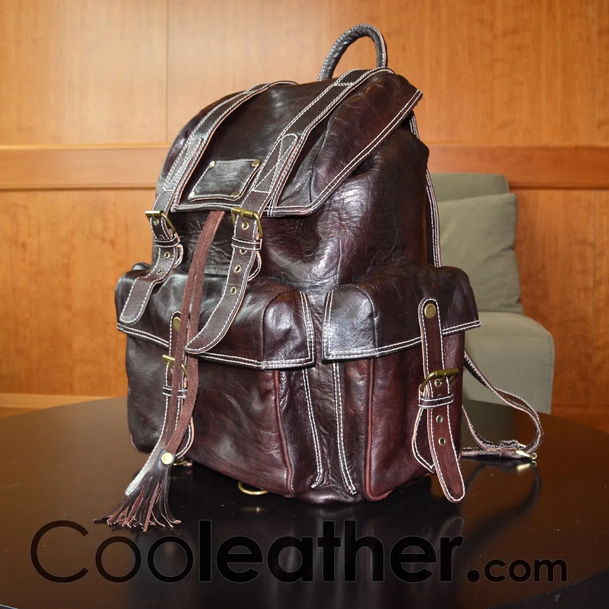Extra Large Leather Hiking Backpack, 23 Liters Travel Knapsack